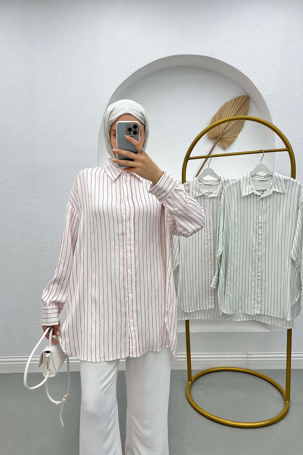 Oversize Çizgili Gömlek Fuşya