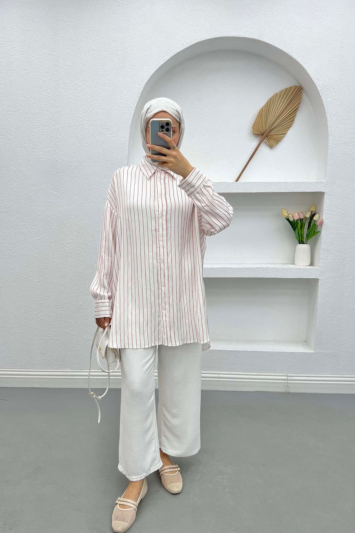 Oversize Çizgili Gömlek Fuşya