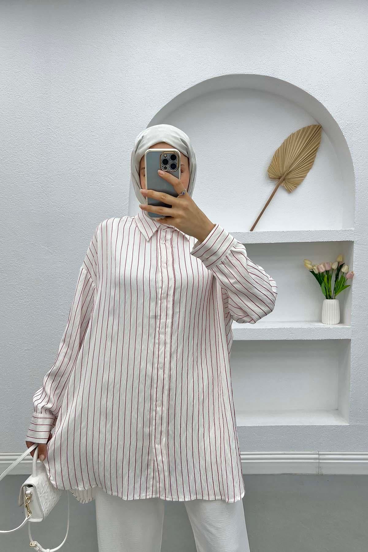 Oversize Çizgili Gömlek Fuşya
