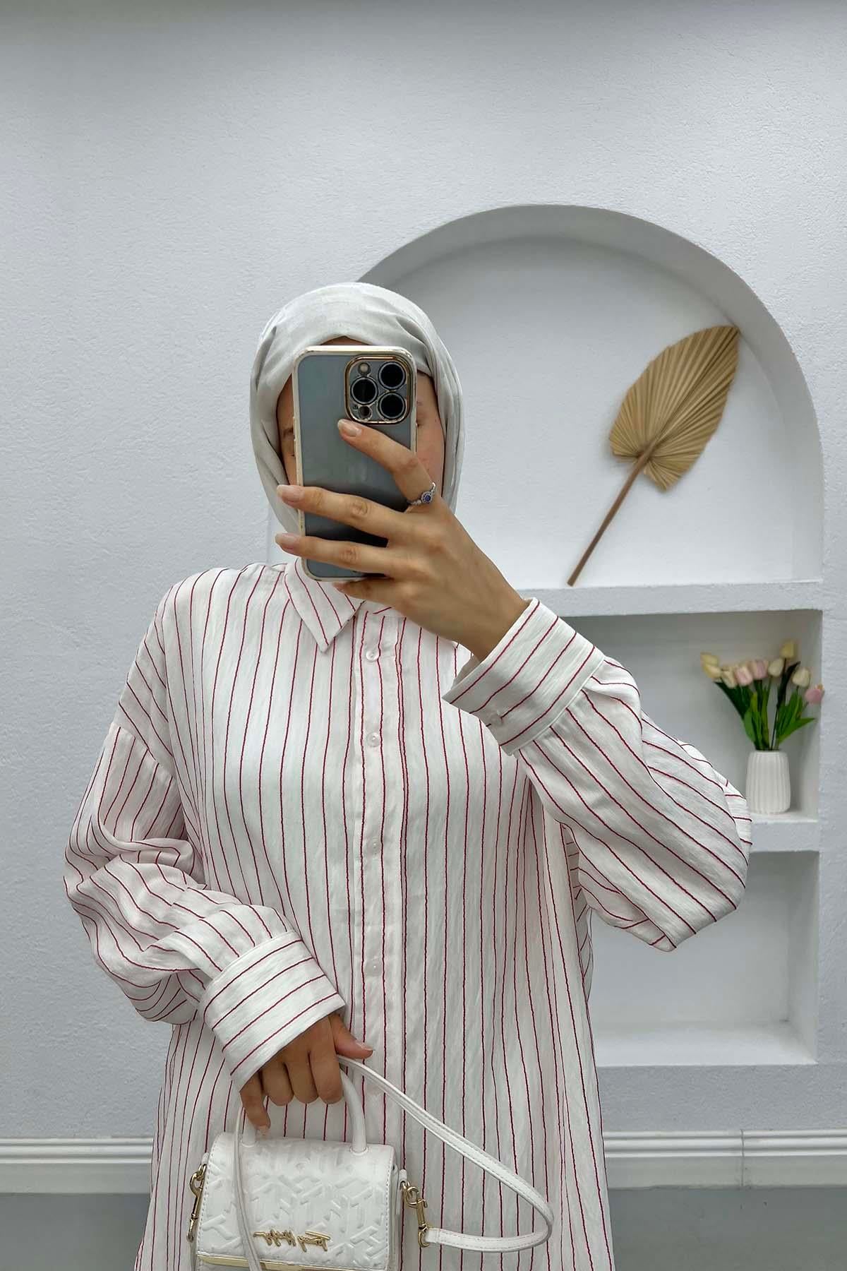 Oversize Çizgili Gömlek Fuşya