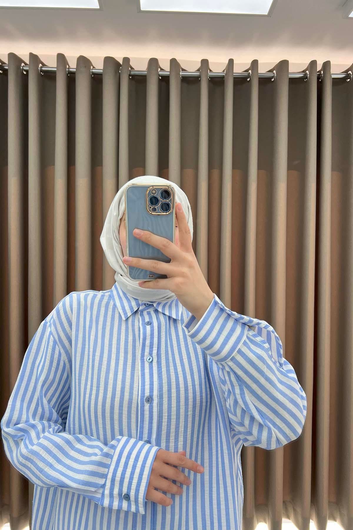 Oversize Çizgili Gömlek Mavi