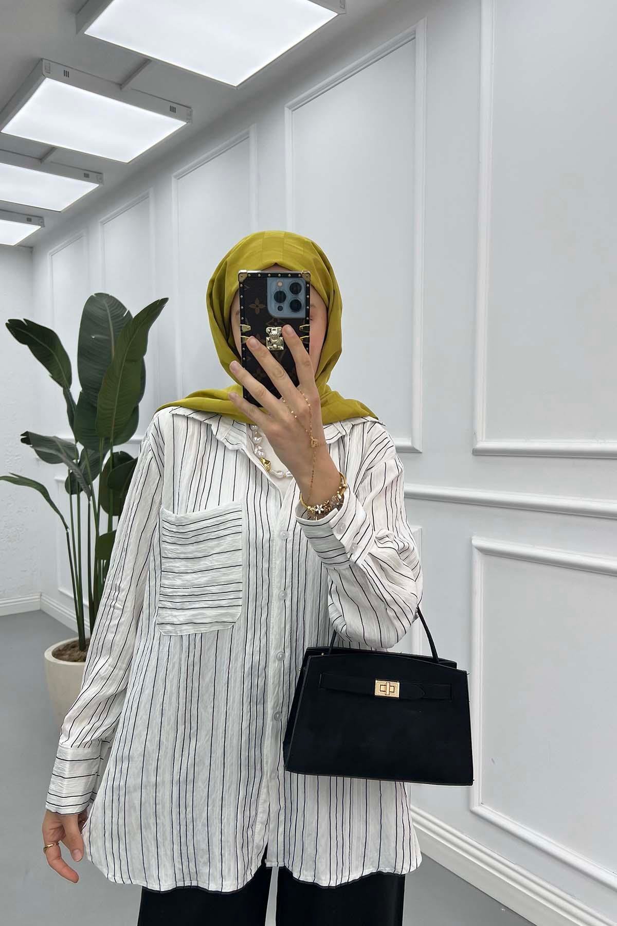 Oversize Çizgili Gömlek Siyah