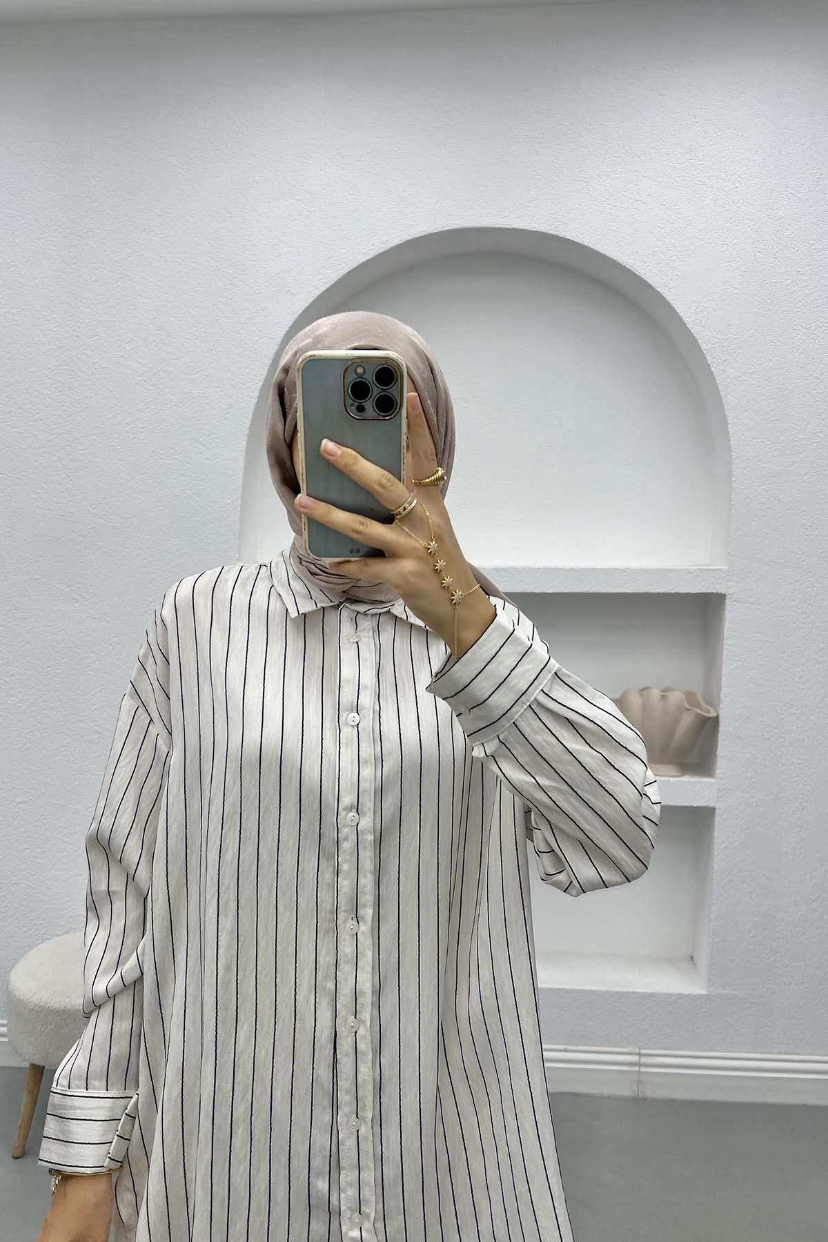 Oversize Çizgili Gömlek Siyah