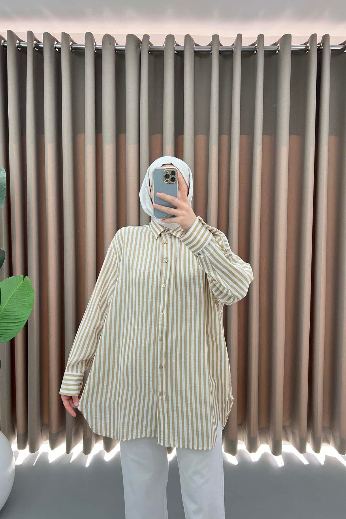 Oversize Çizgili Gömlek Sütlü Kahve