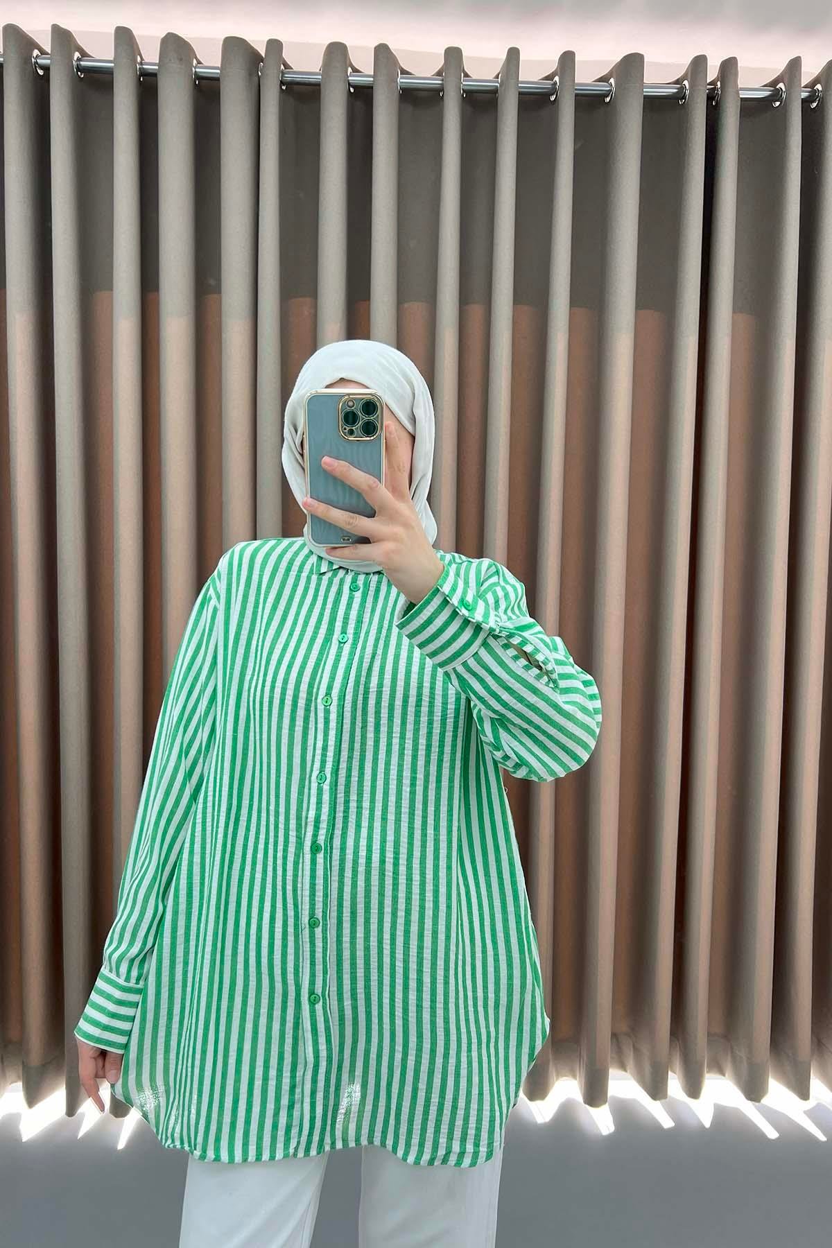 Oversize Çizgili Gömlek Yeşil