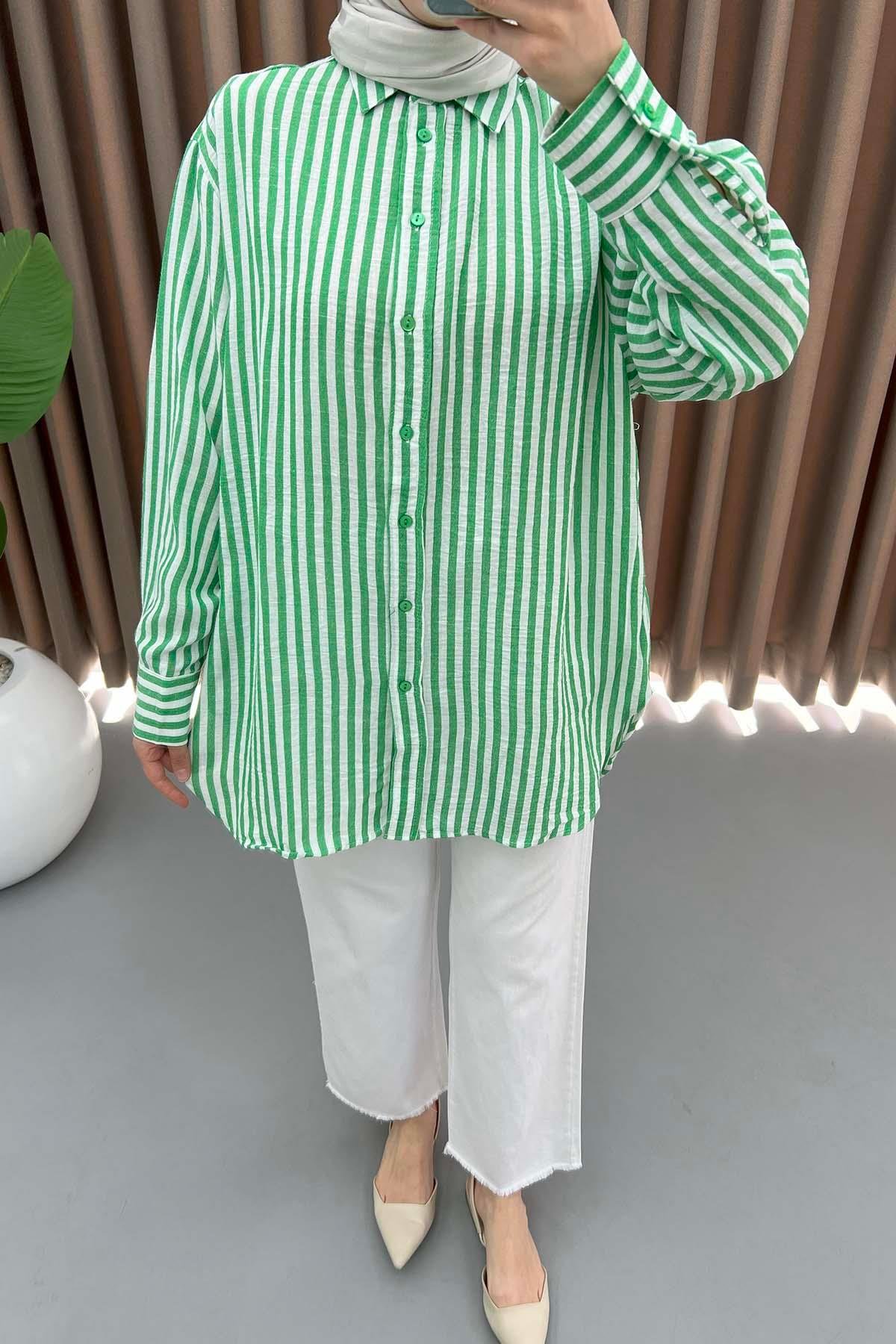 Oversize Çizgili Gömlek Yeşil