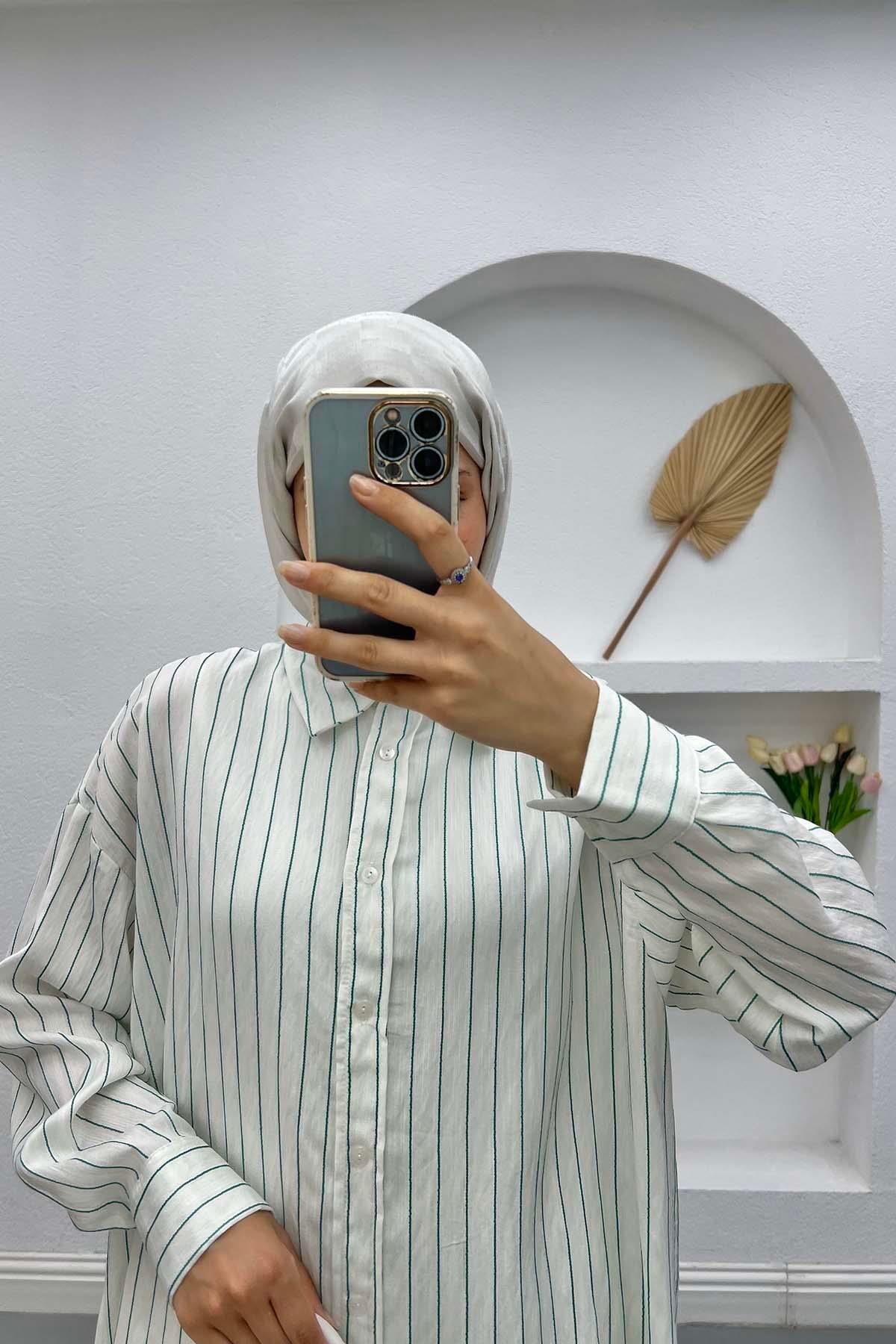 Oversize Çizgili Gömlek Zümrüt Yeşili