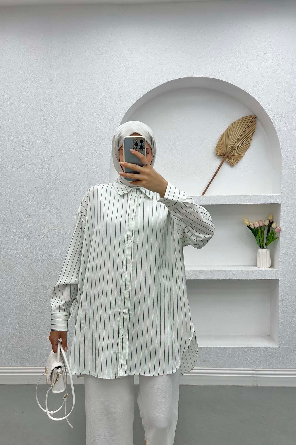 Oversize Çizgili Gömlek Zümrüt Yeşili
