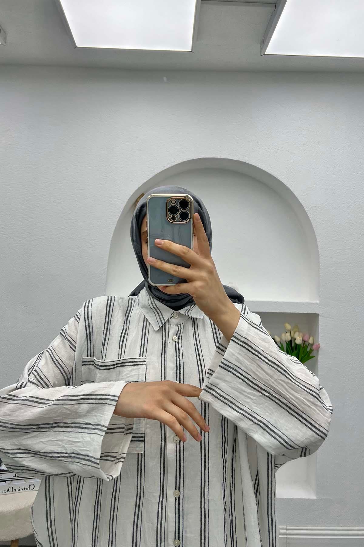 Oversize Çizgili Keten Gömlek Siyah