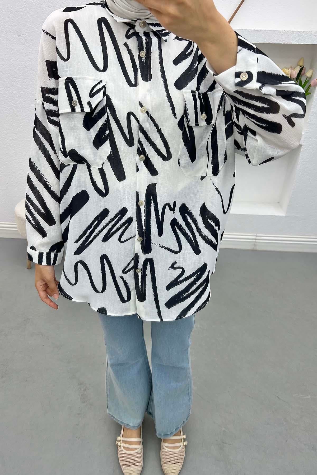 Oversize Desenli Gömlek Beyaz
