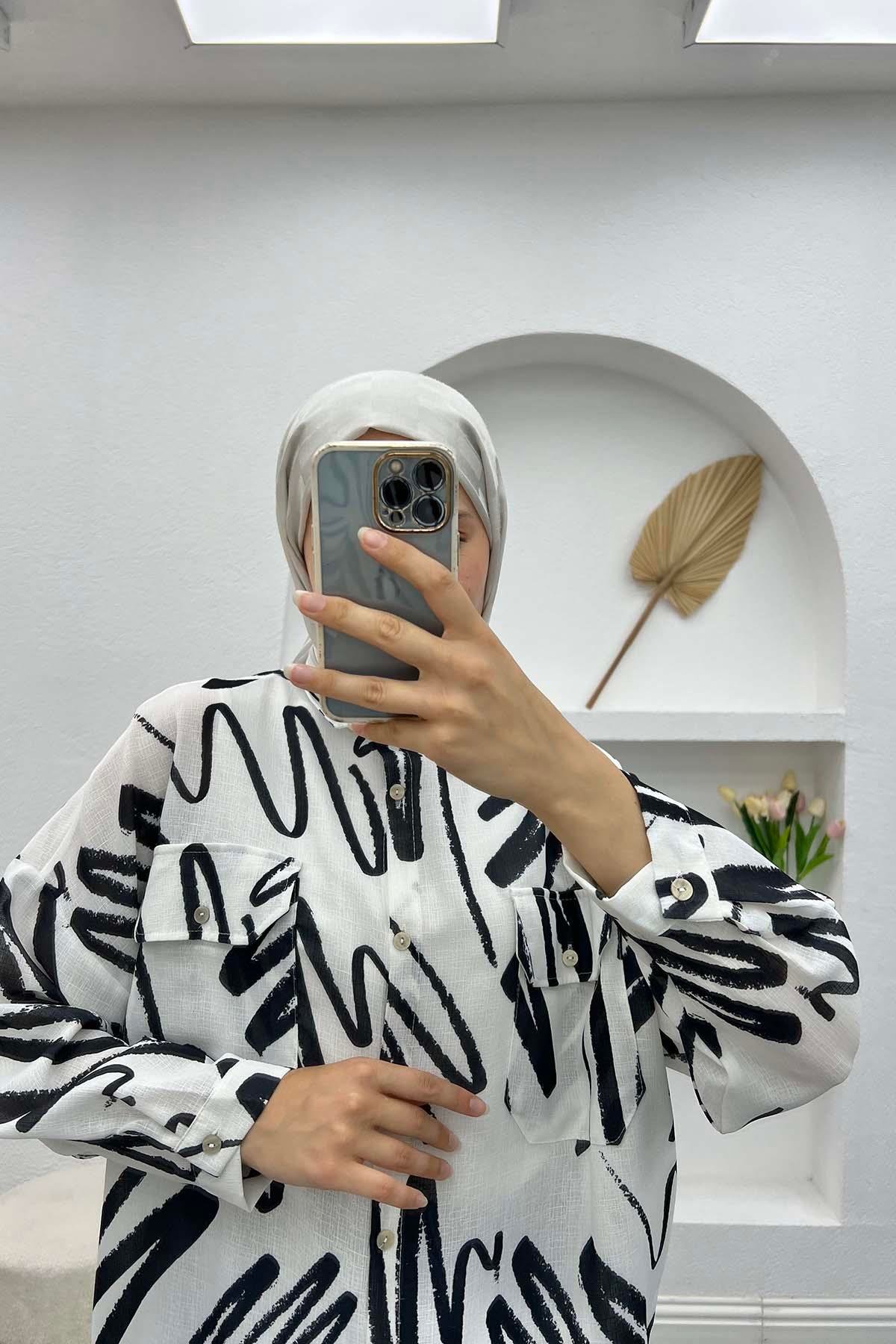 Oversize Desenli Gömlek Beyaz