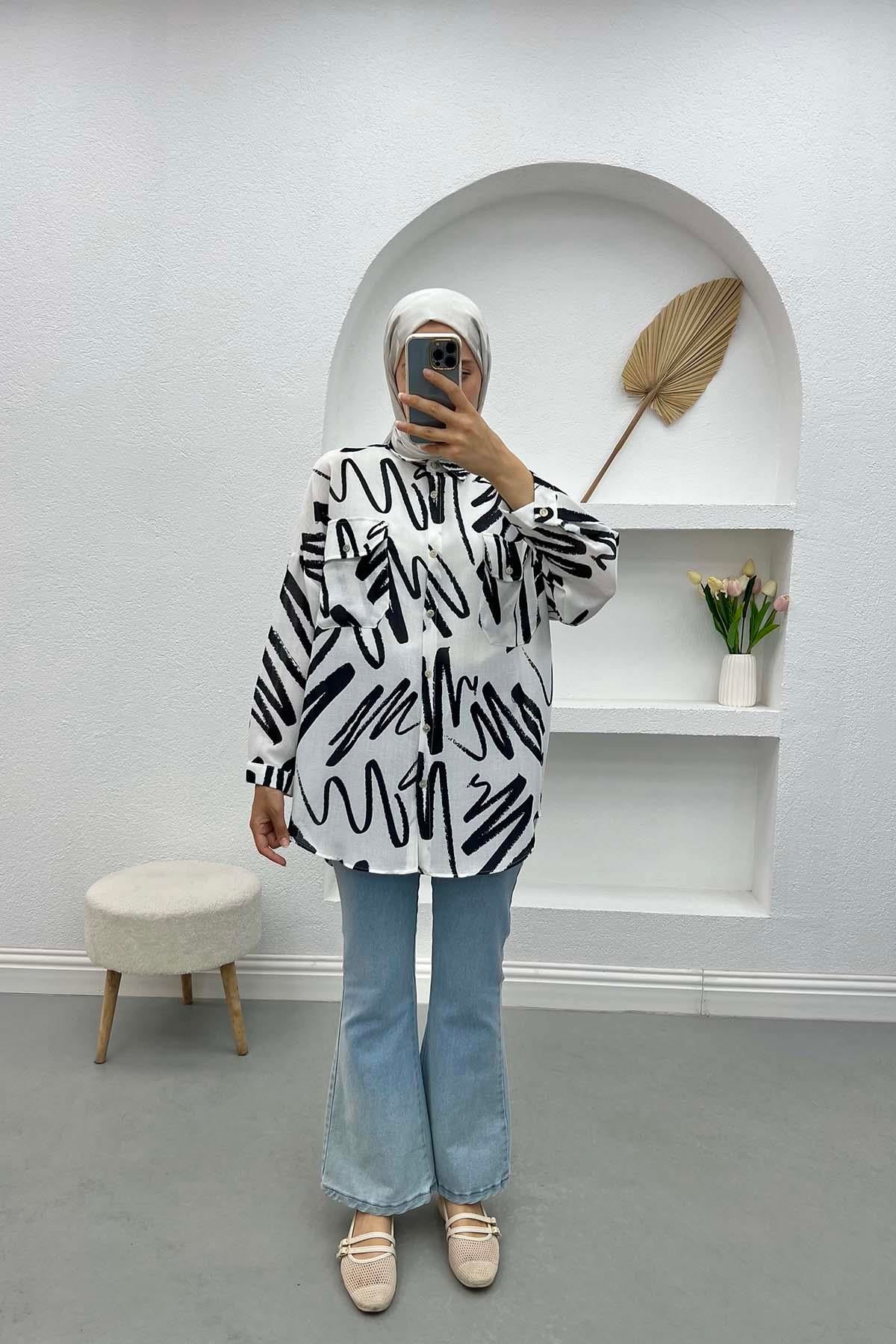 Oversize Desenli Gömlek Beyaz