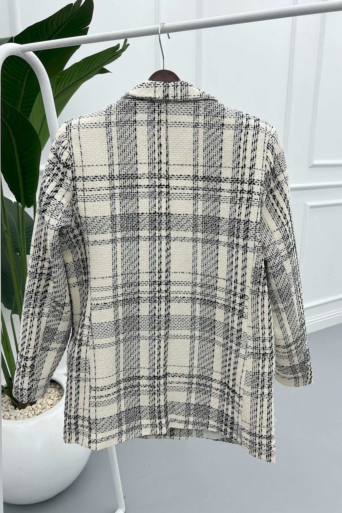 Oversize Ekose Ceket Beyaz