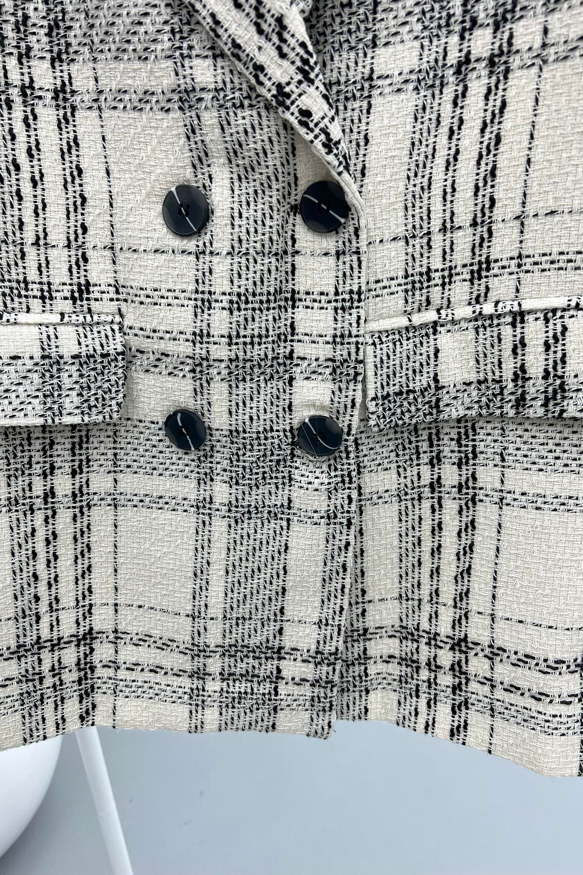 Oversize Ekose Ceket Beyaz