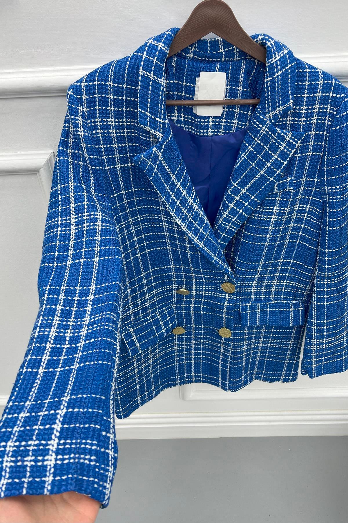 Oversize Ekose Ceket Mavi