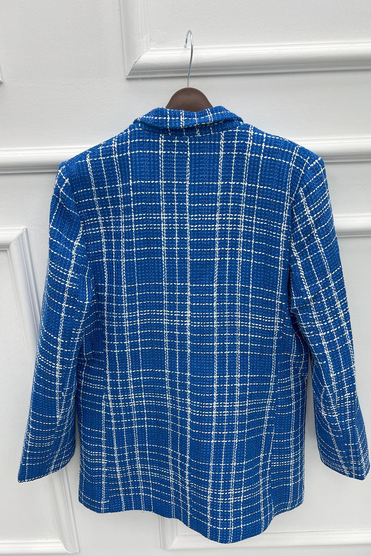 Oversize Ekose Ceket Mavi