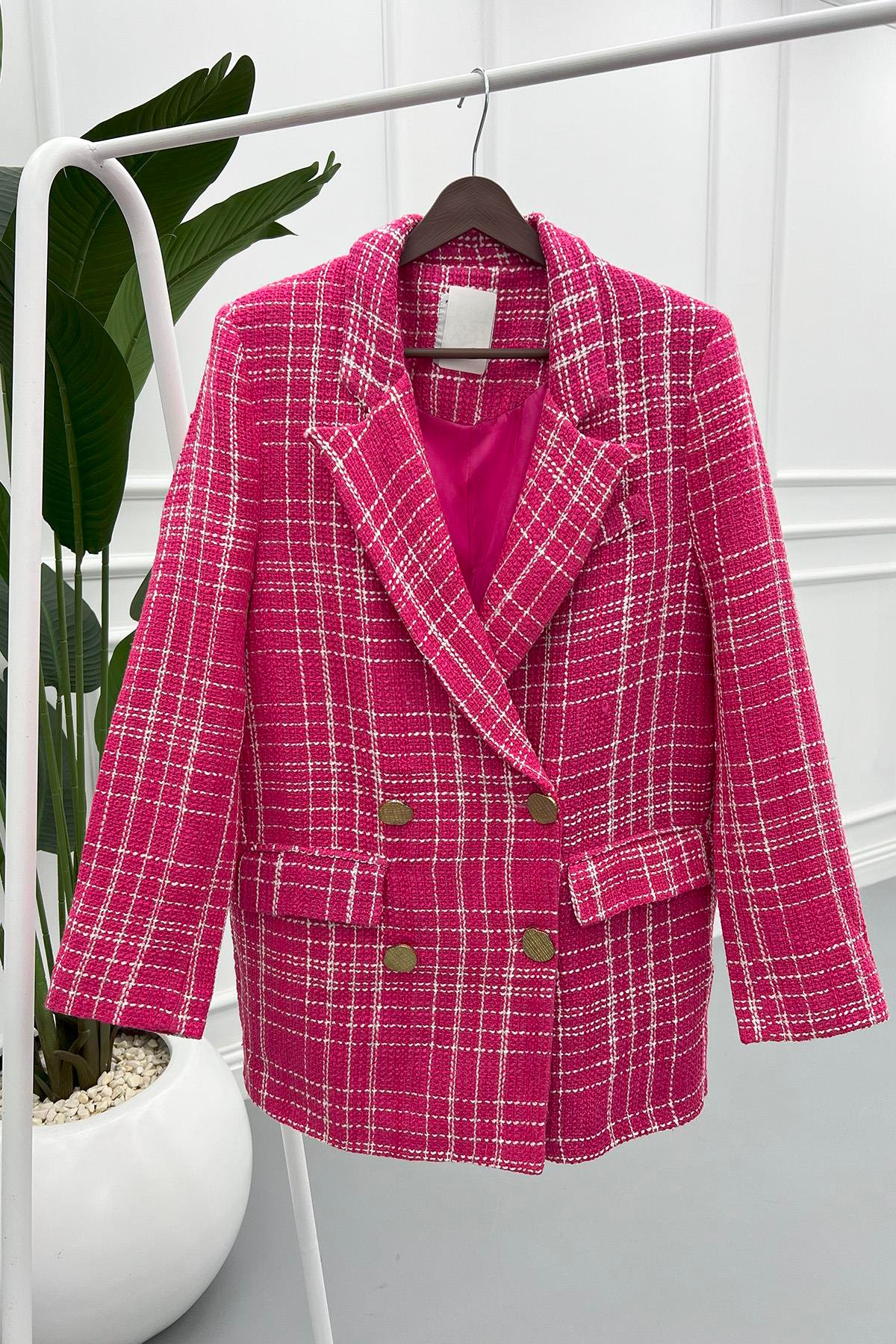 Oversize Ekose Ceket Pembe