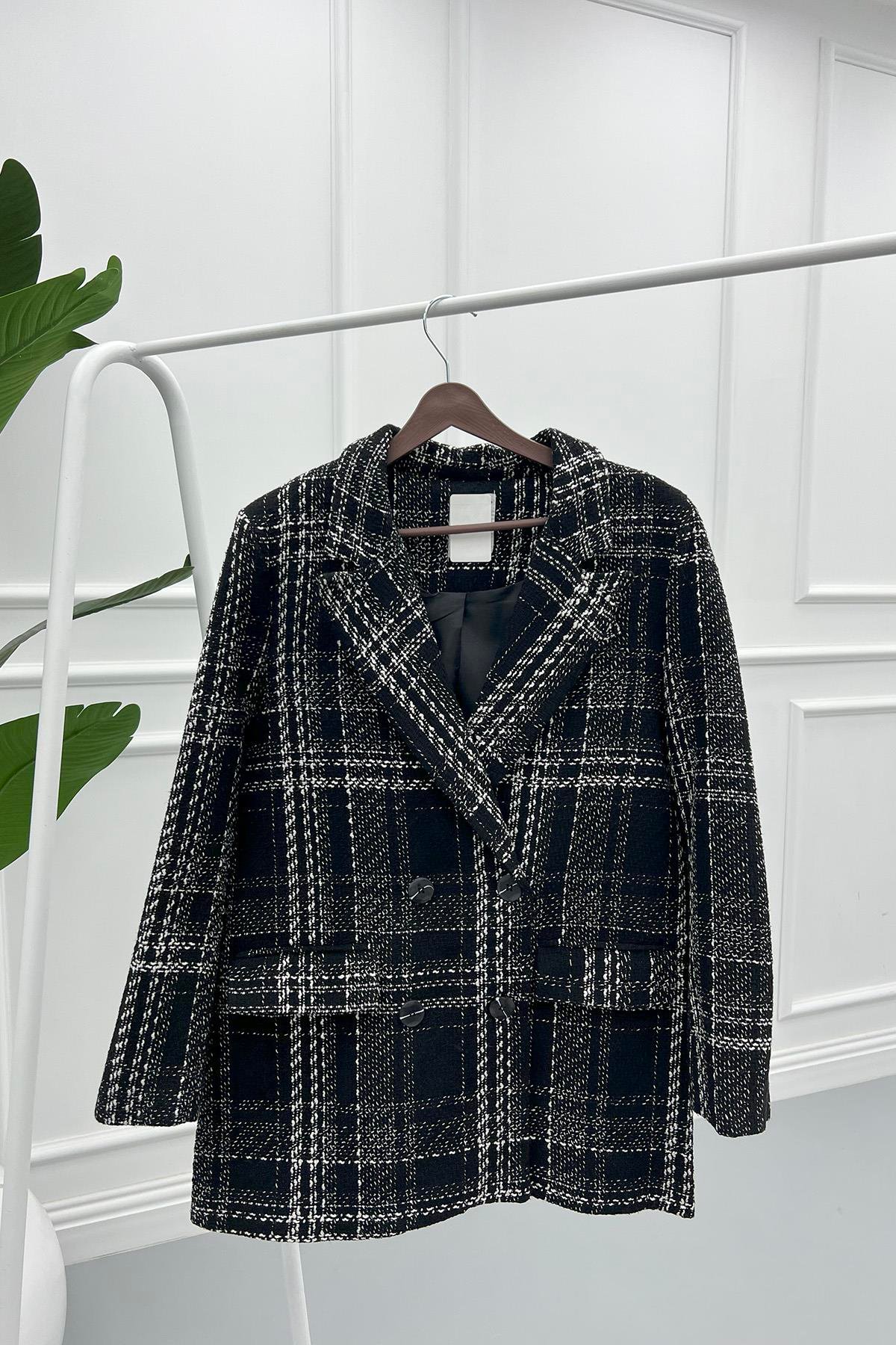 Oversize Ekose Ceket Siyah