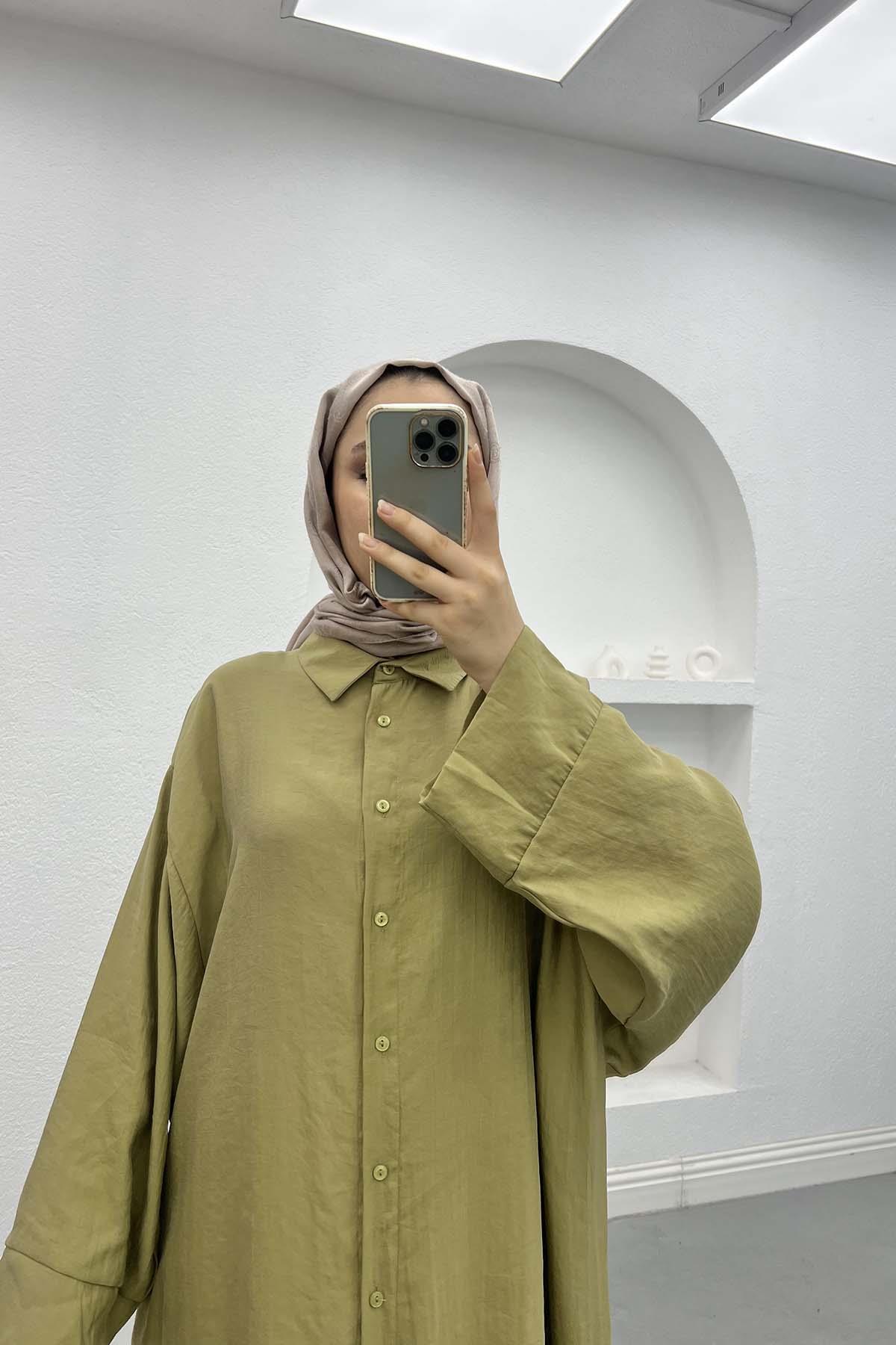 Oversize Gömlek Elbise Zeytin Yeşili