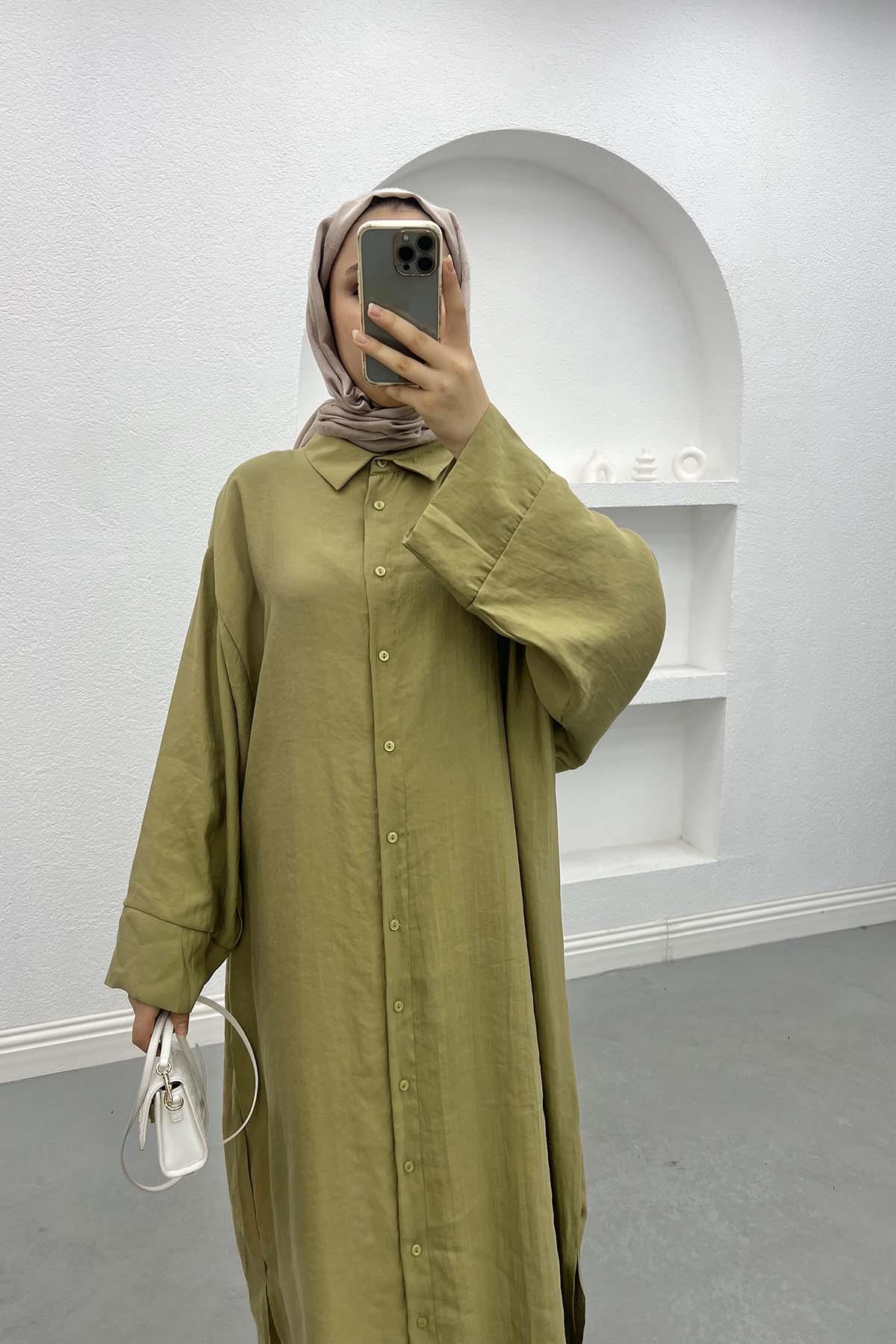 Oversize Gömlek Elbise Zeytin Yeşili