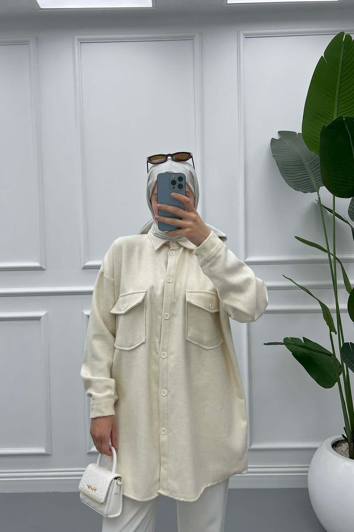 Oversize Kaşe Gömlek Krem