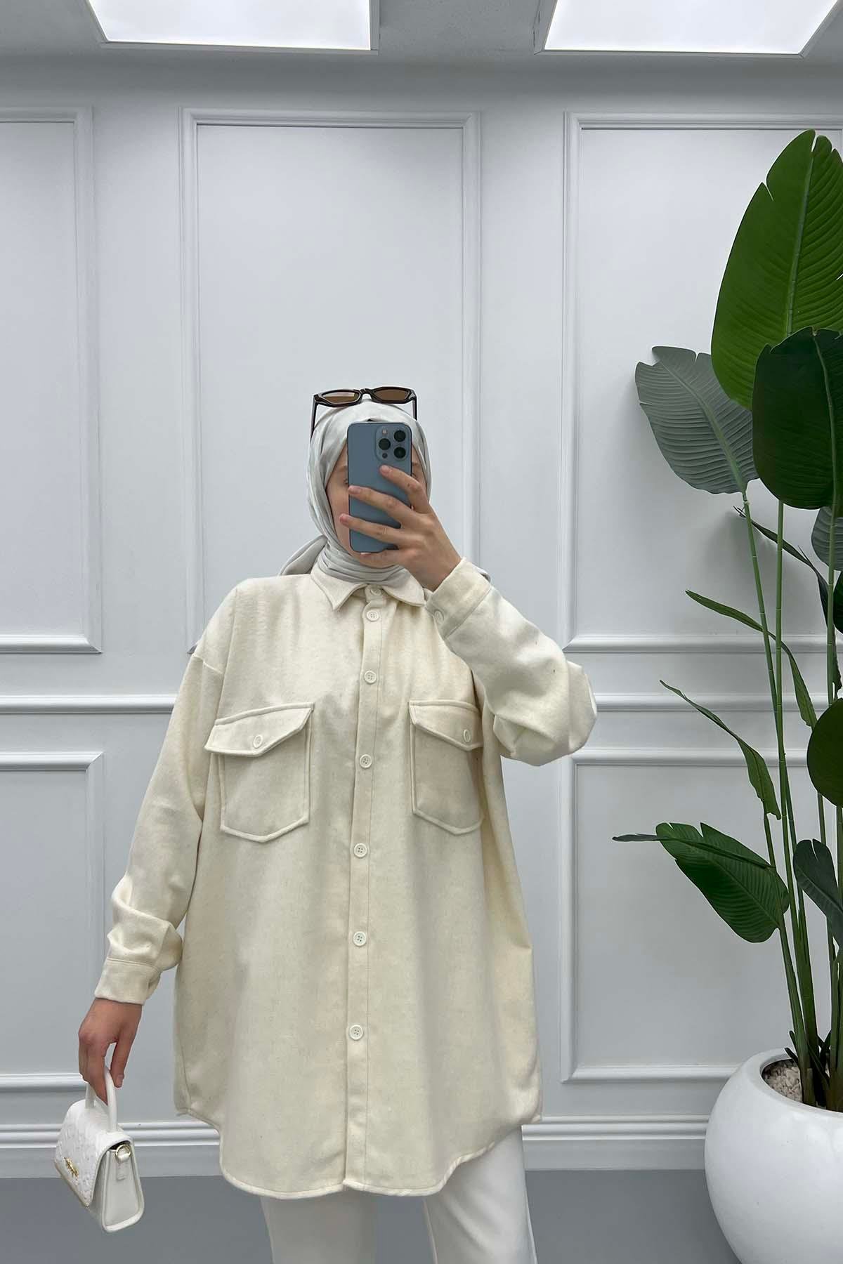 Oversize Kaşe Gömlek Krem