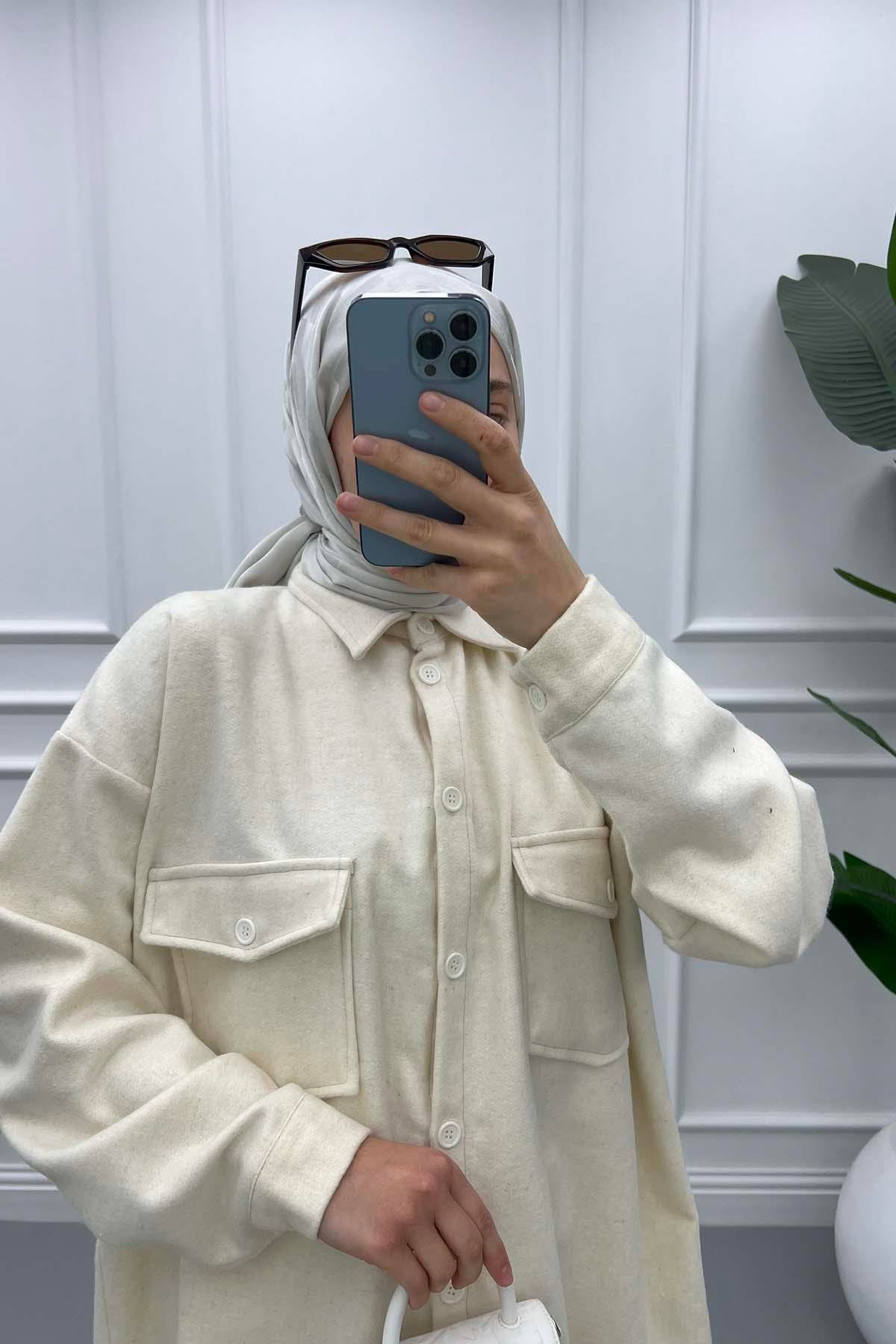 Oversize Kaşe Gömlek Krem