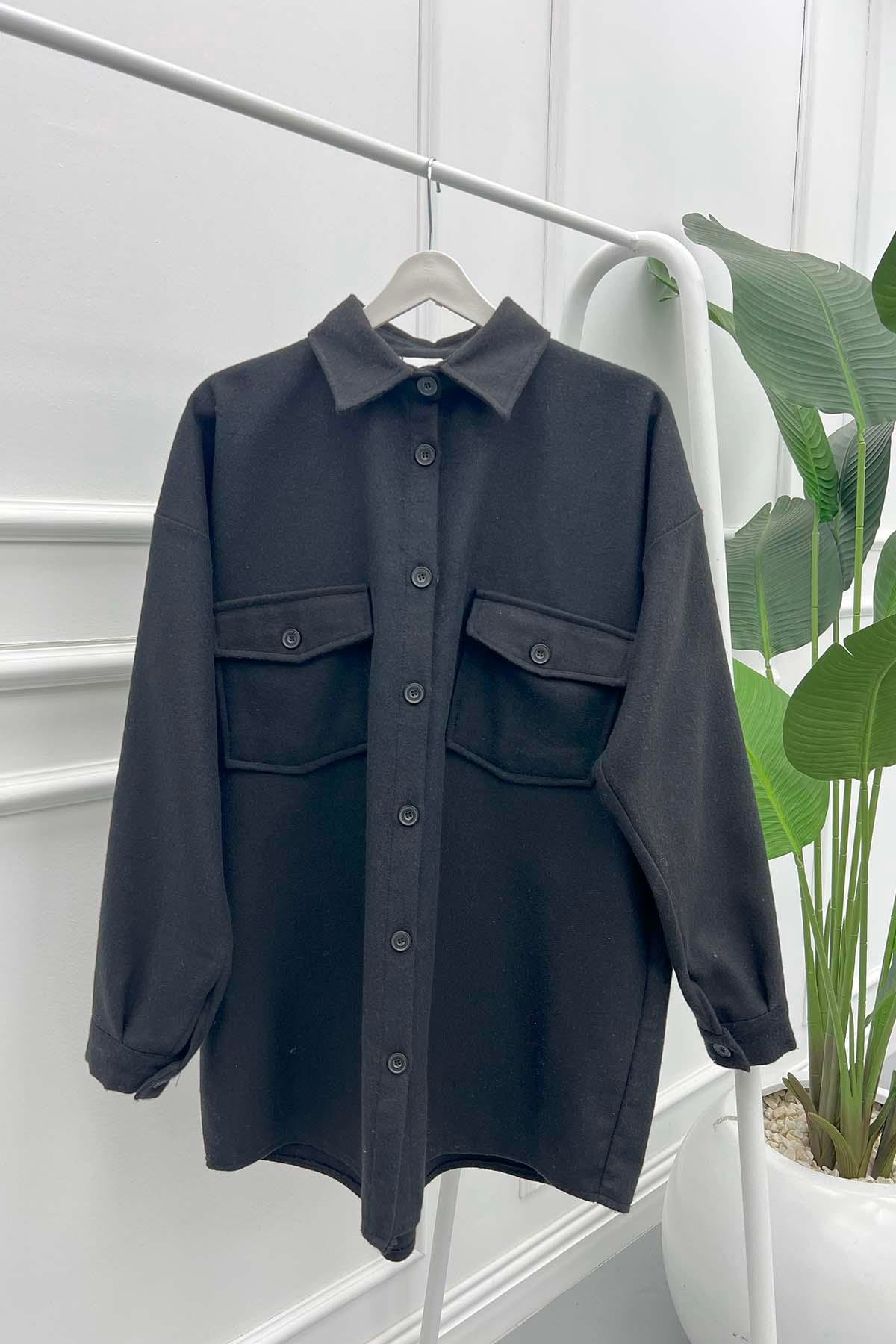 Oversize Kaşe Gömlek Siyah
