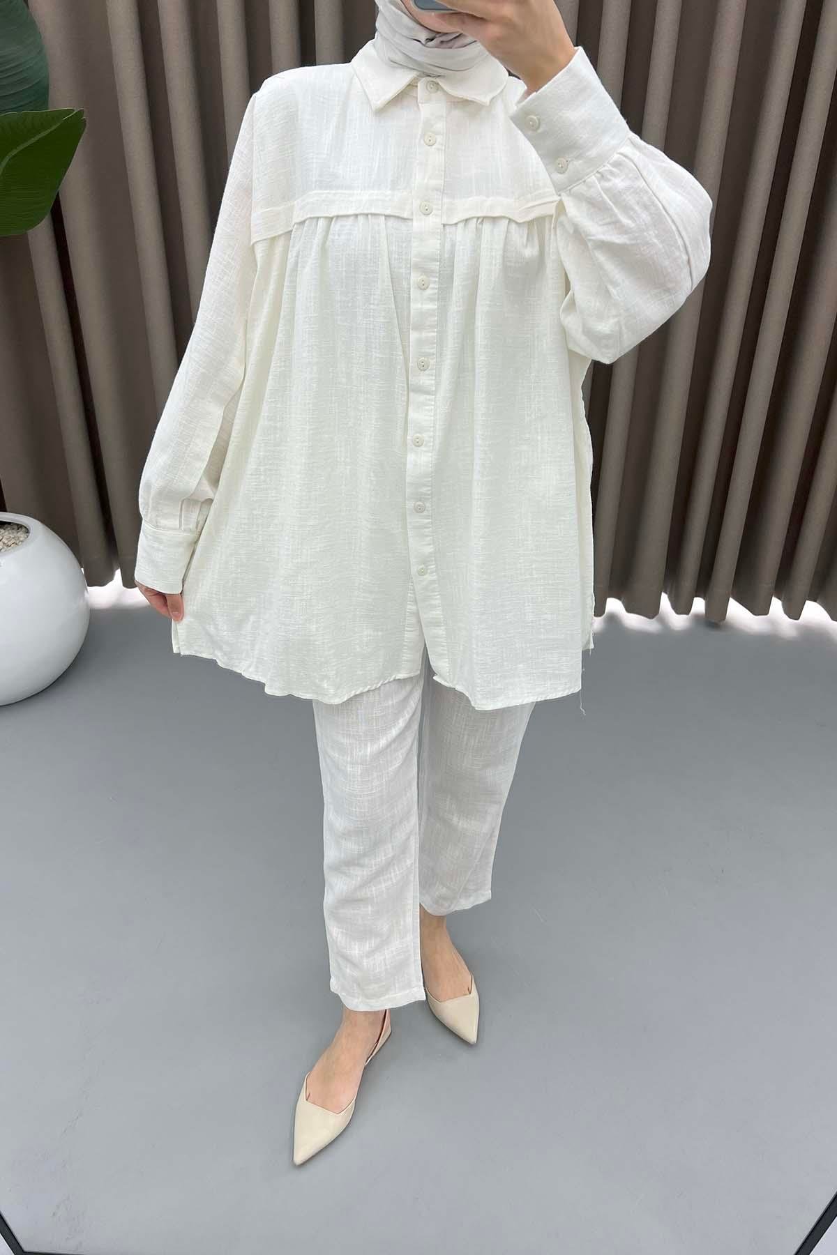 Oversize Keten Takım Beyaz
