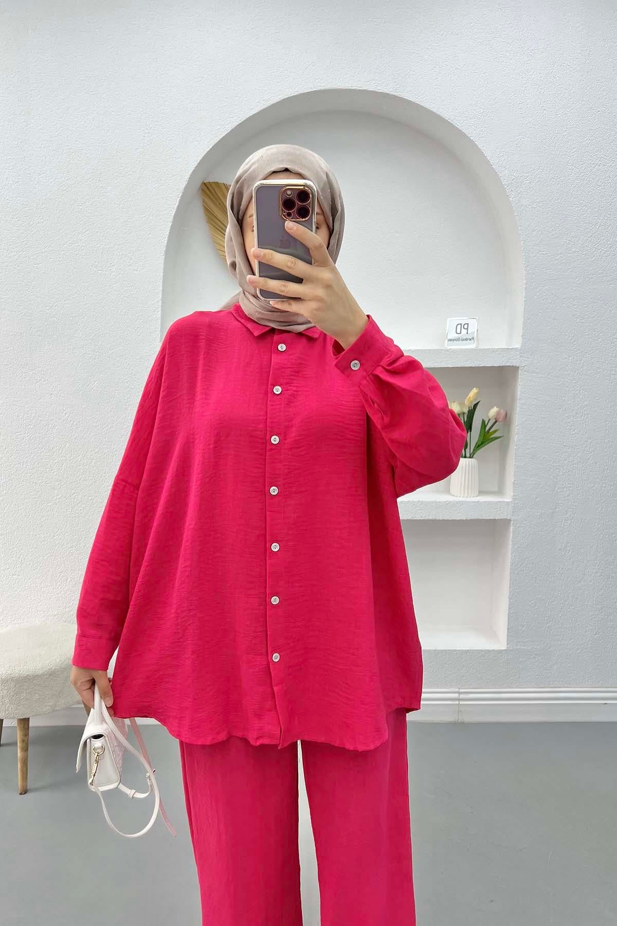 Oversize Keten Takım Fuşya