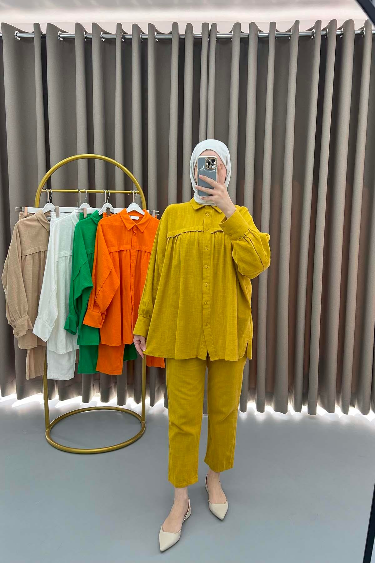 Oversize Keten Takım Hardal