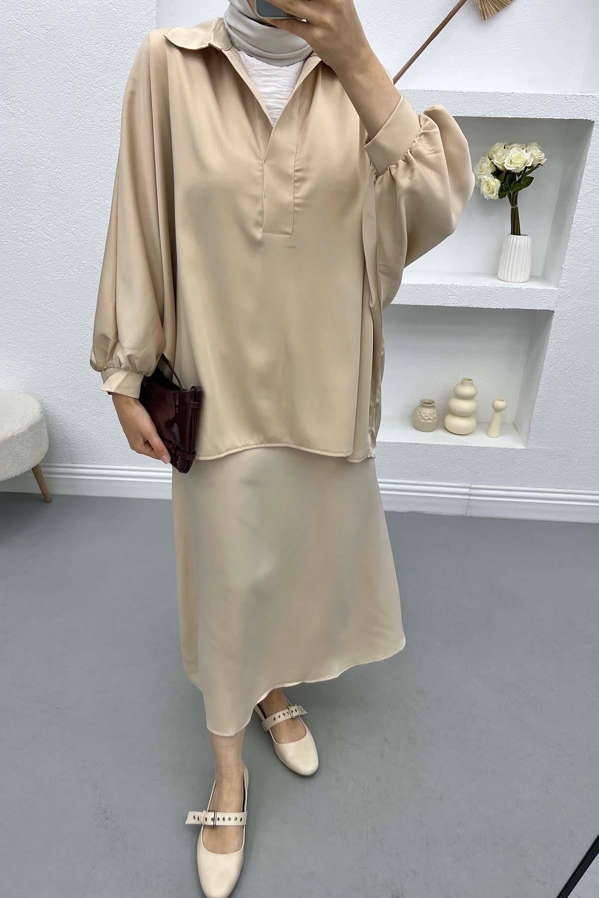 Oversize Saten Gömlek Bej