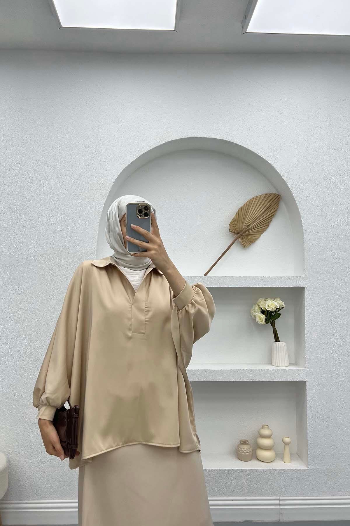 Oversize Saten Gömlek Bej