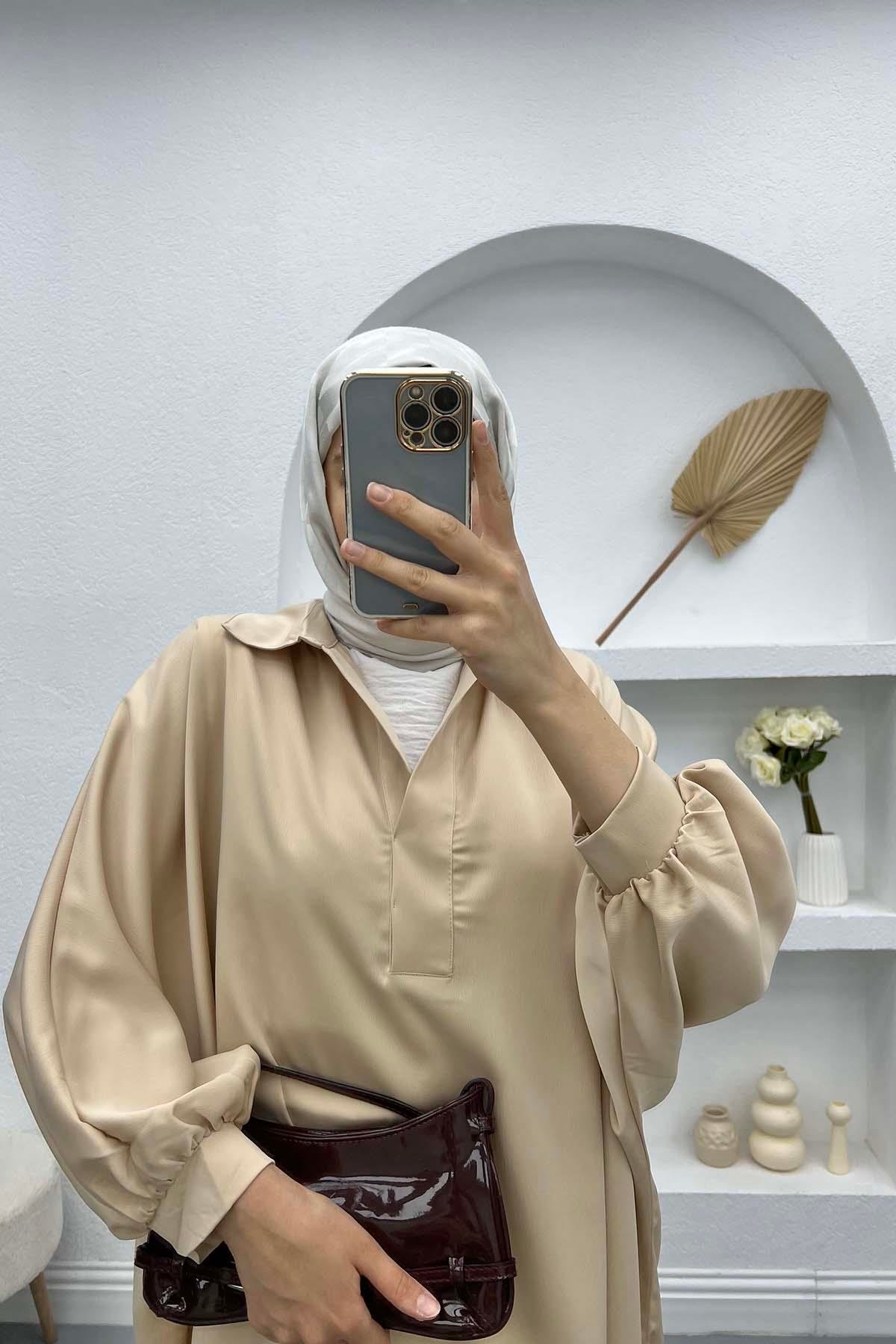 Oversize Saten Gömlek Bej