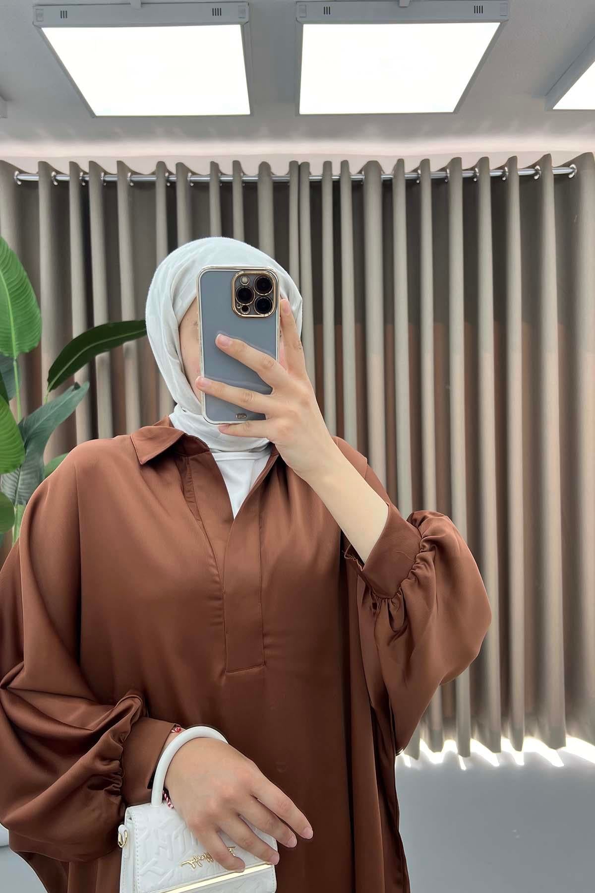 Oversize Saten Gömlek Kahve