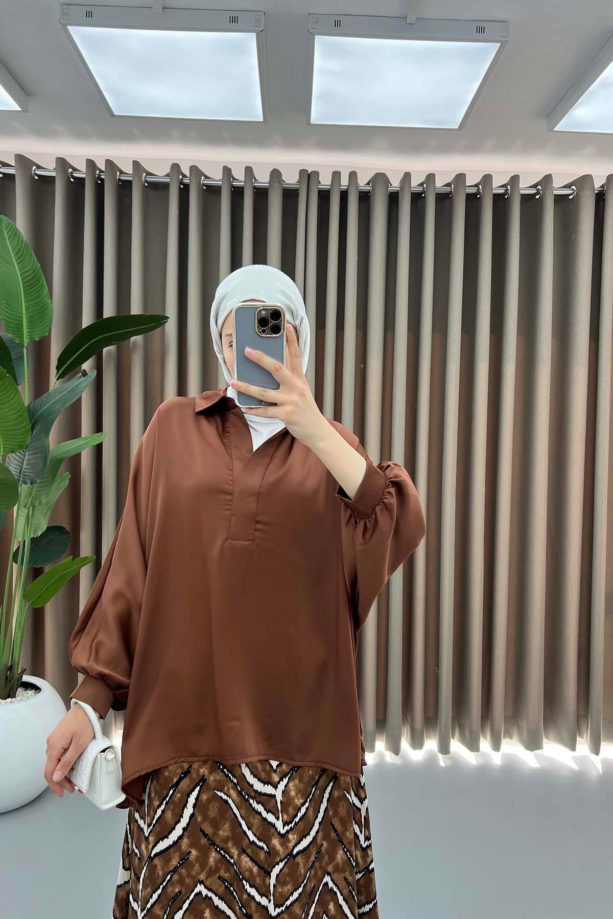 Oversize Saten Gömlek Kahve