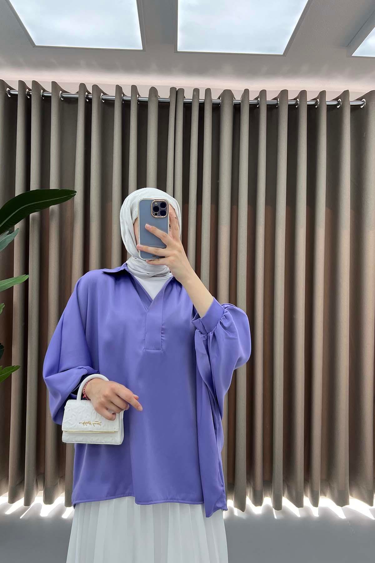 Oversize Saten Gömlek Lila