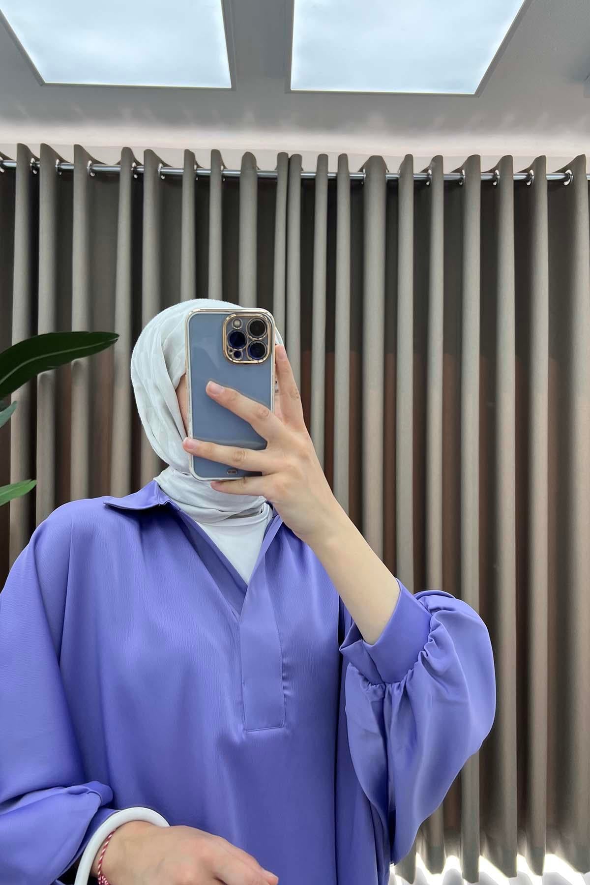 Oversize Saten Gömlek Lila