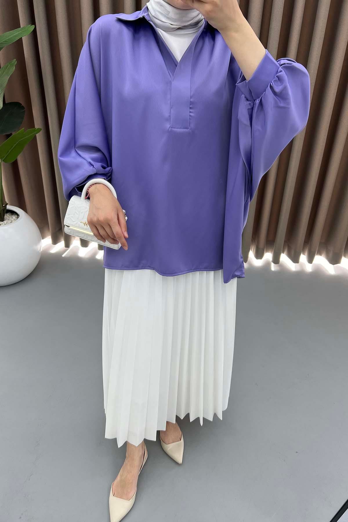 Oversize Saten Gömlek Lila