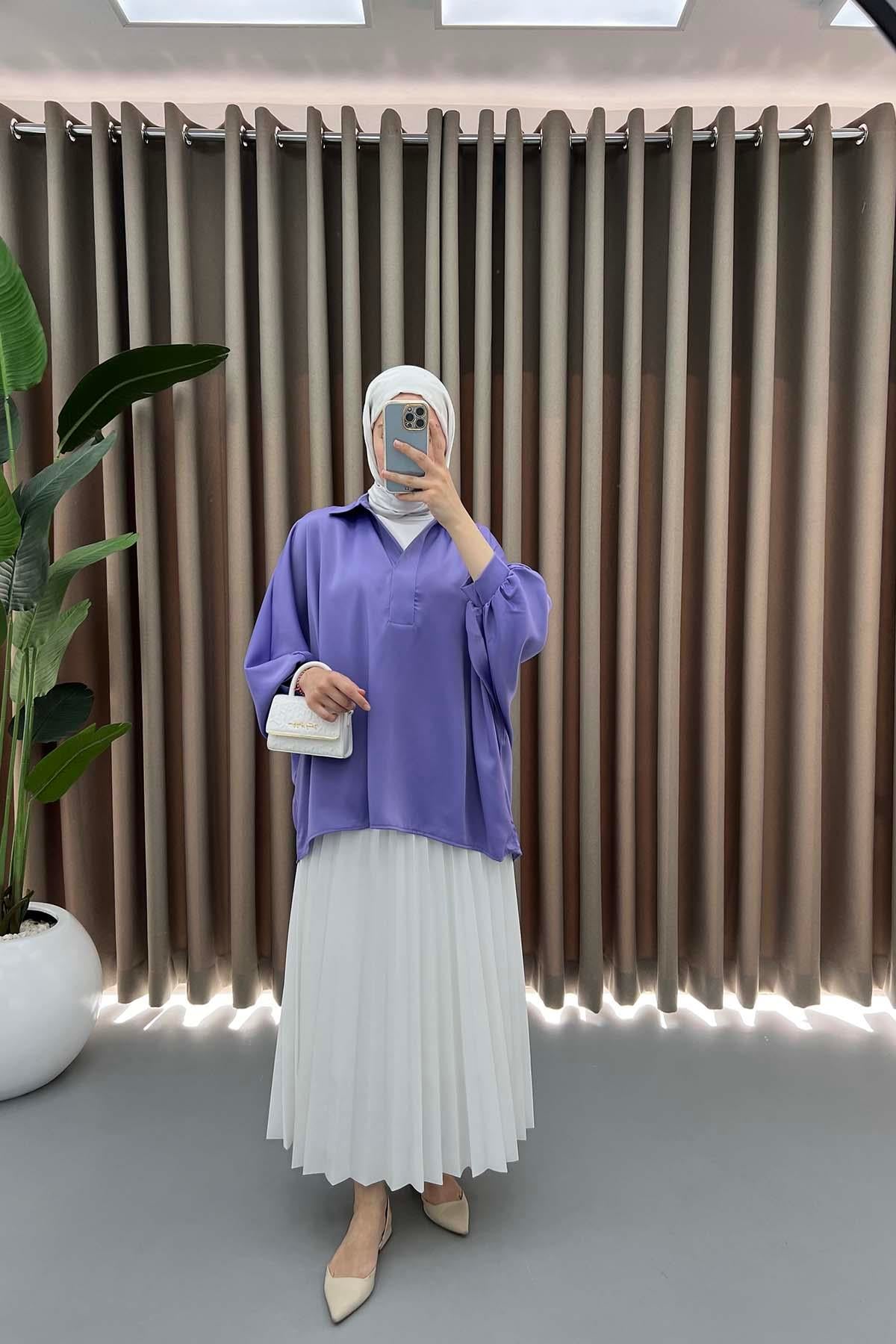 Oversize Saten Gömlek Lila