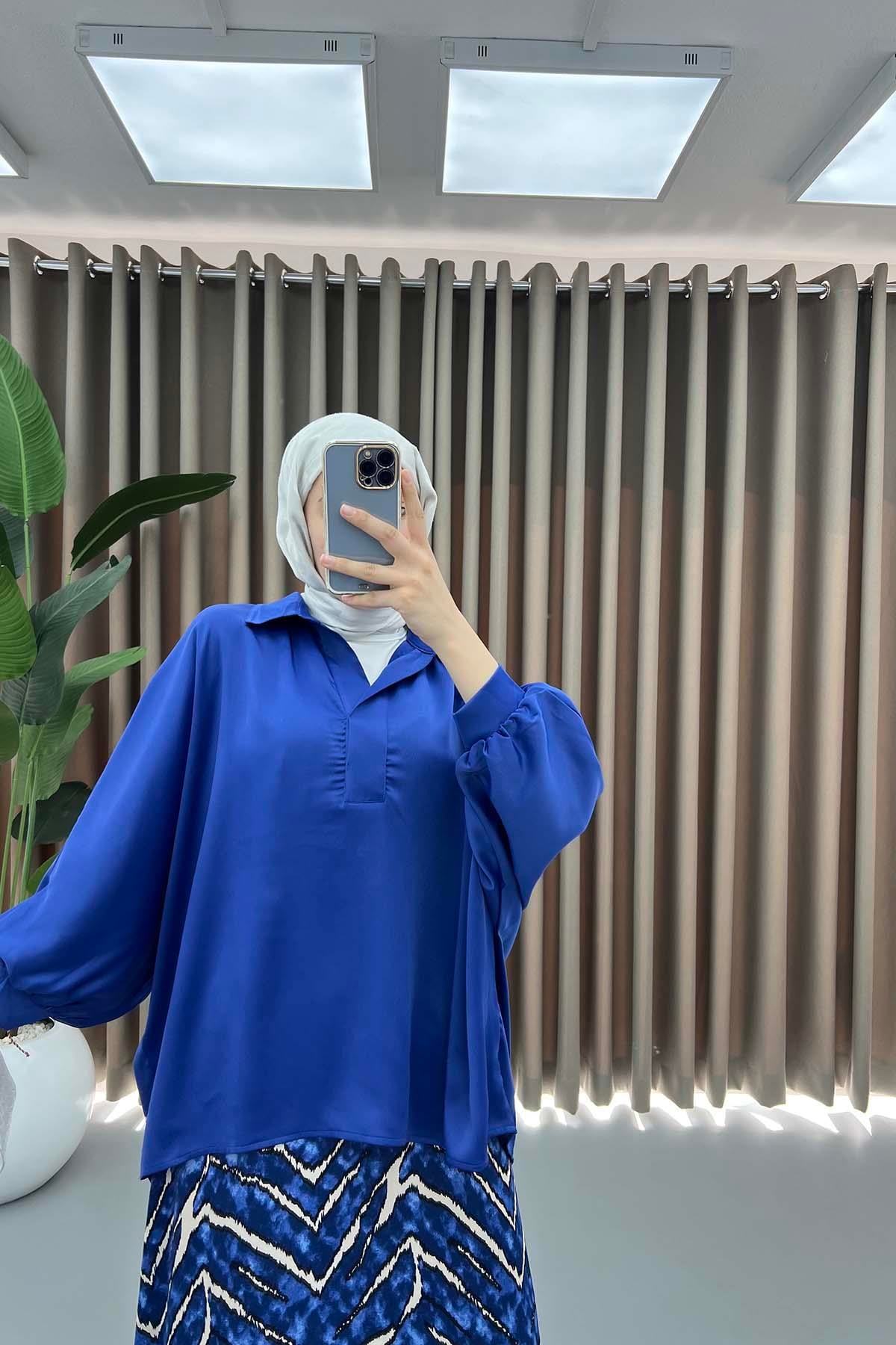 Oversize Saten Gömlek Saks Mavi