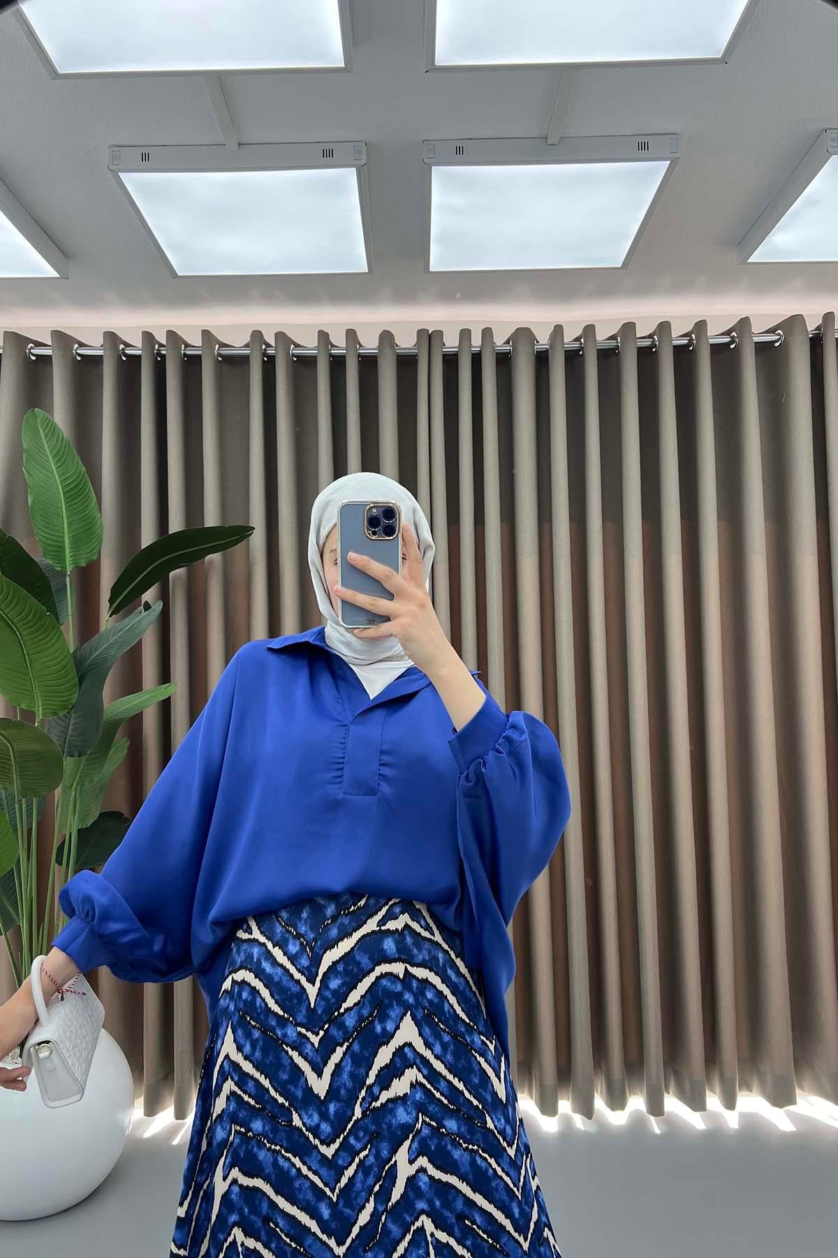 Oversize Saten Gömlek Saks Mavi