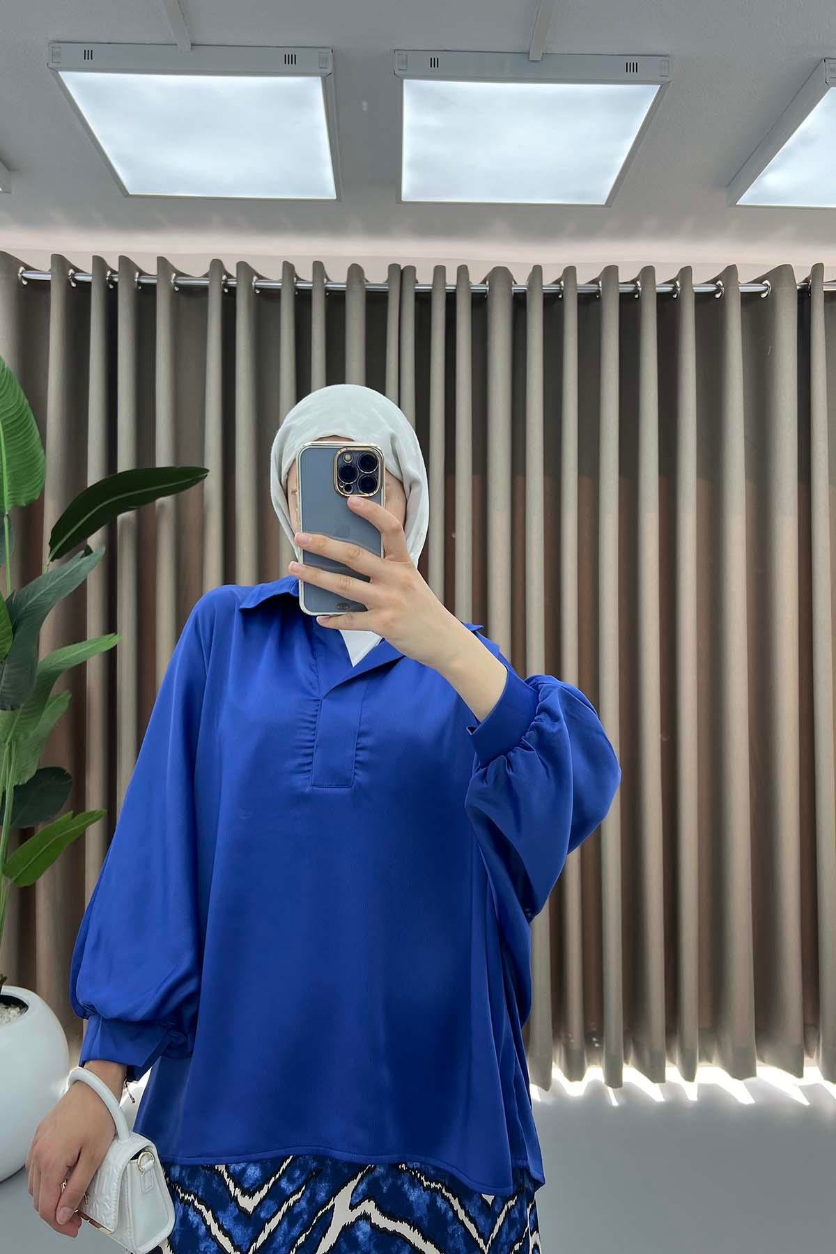 Oversize Saten Gömlek Saks Mavi