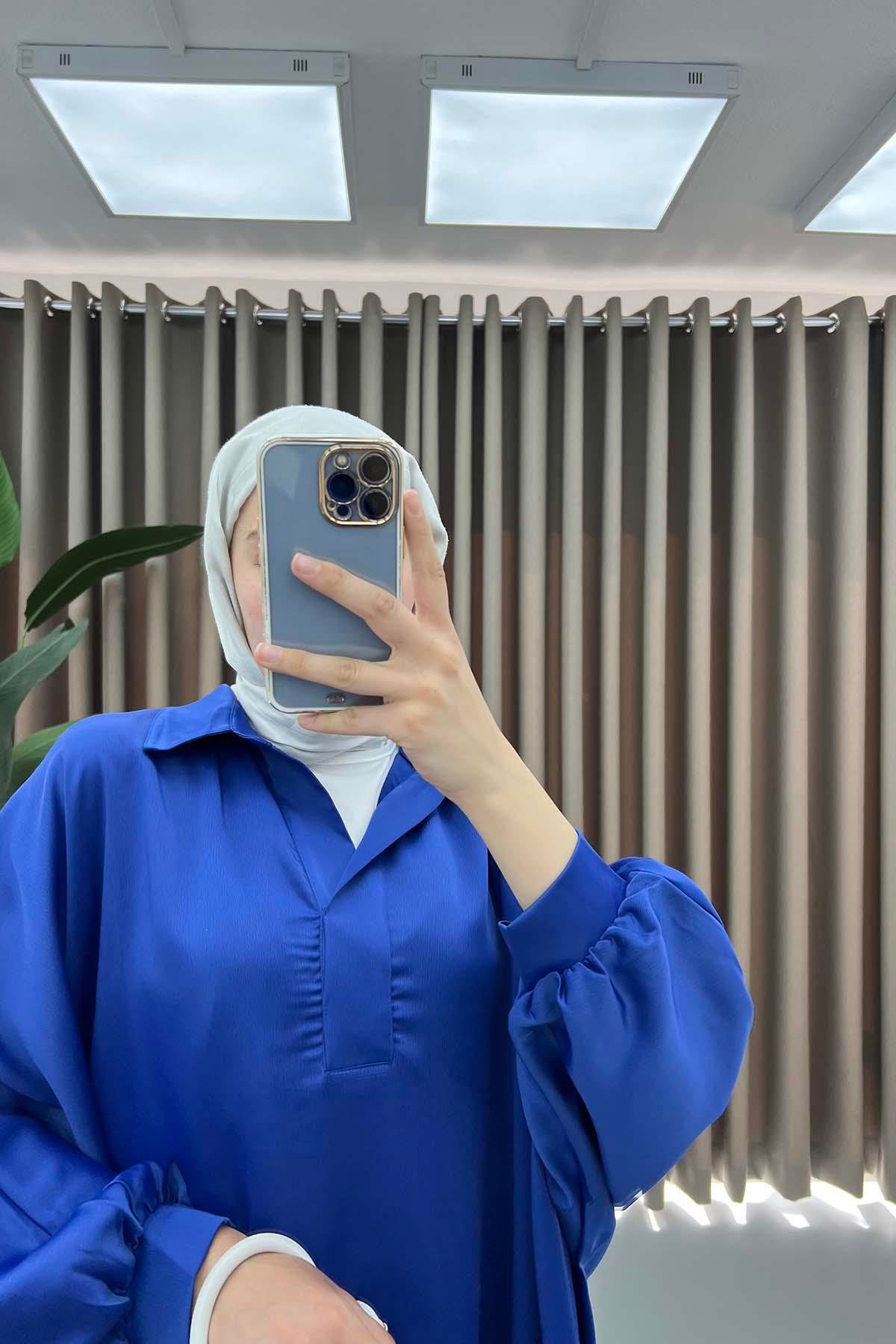 Oversize Saten Gömlek Saks Mavi