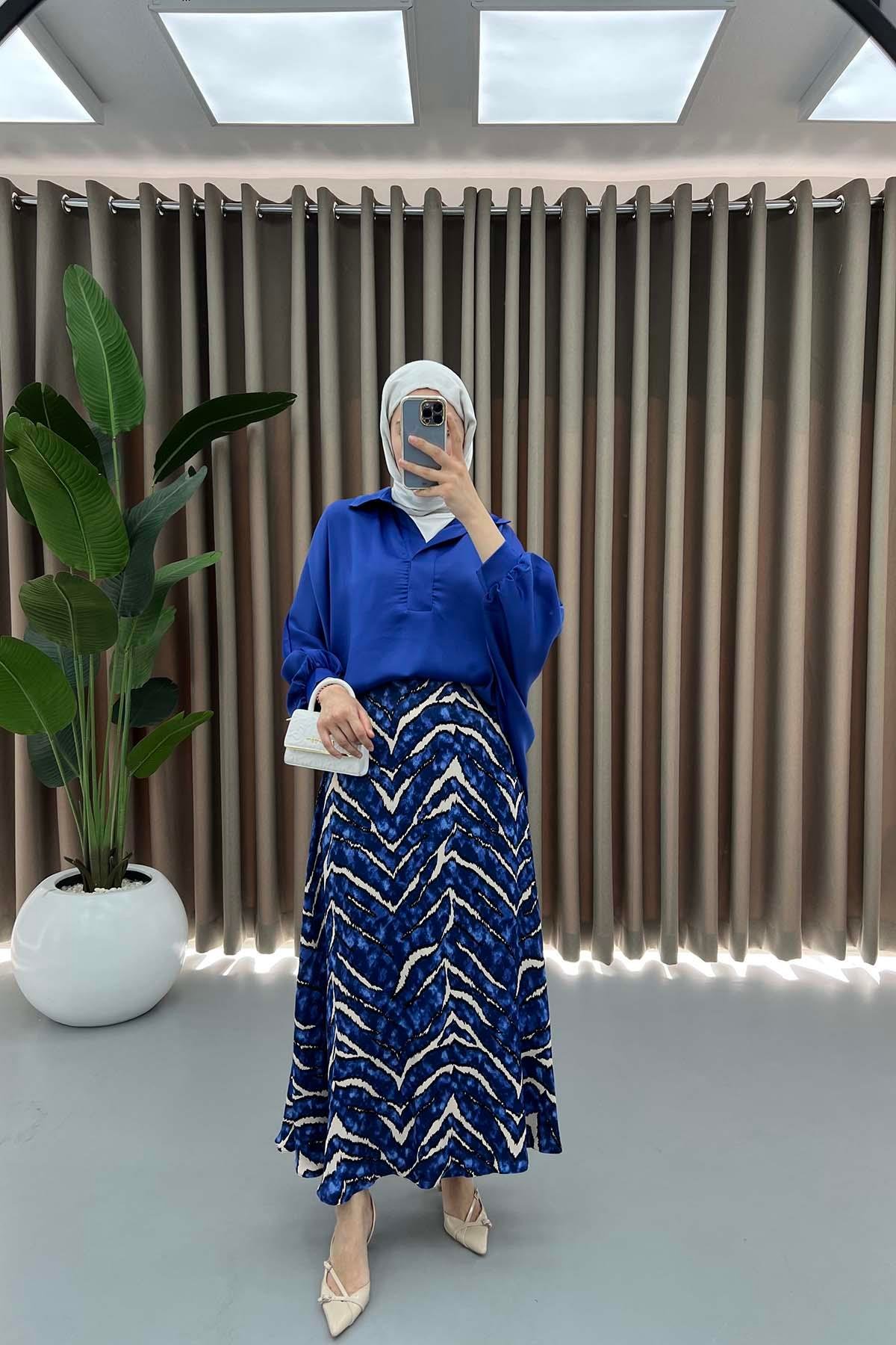 Oversize Saten Gömlek Saks Mavi