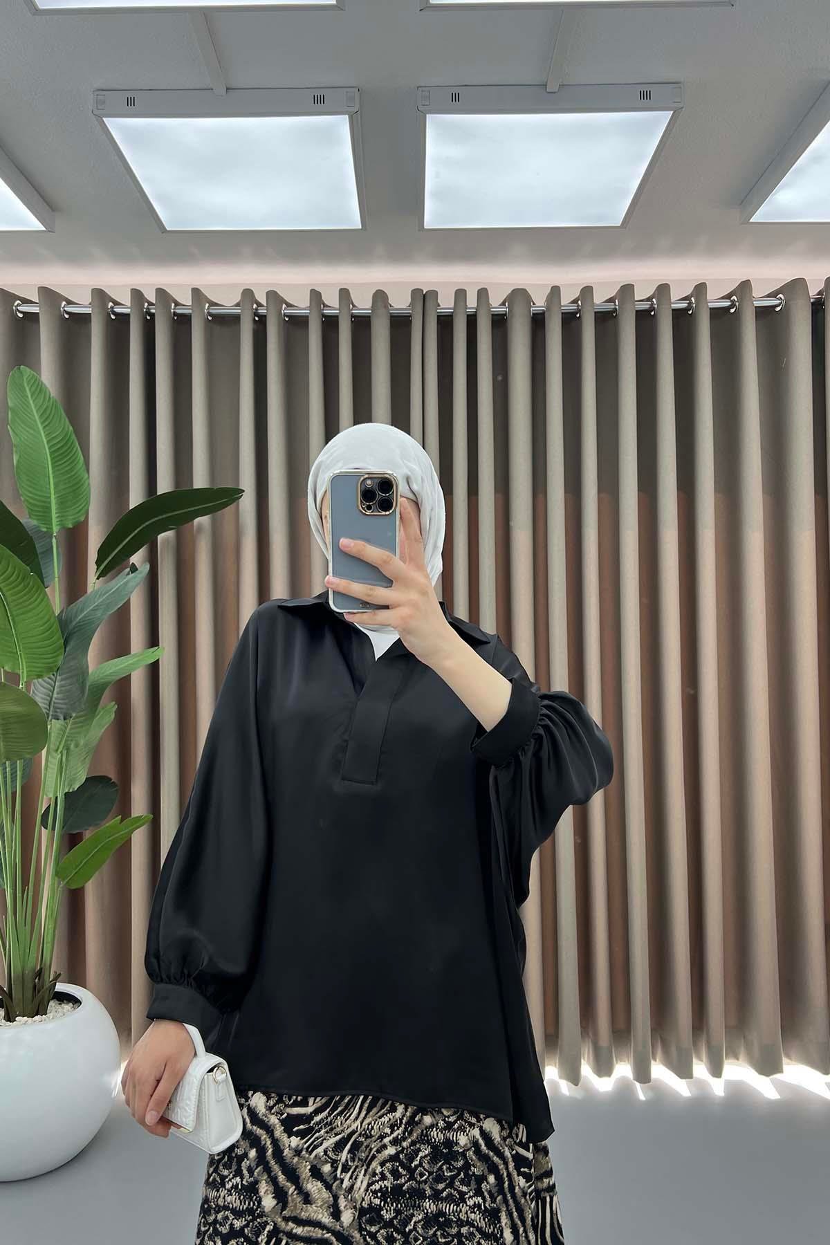 Oversize Saten Gömlek Siyah