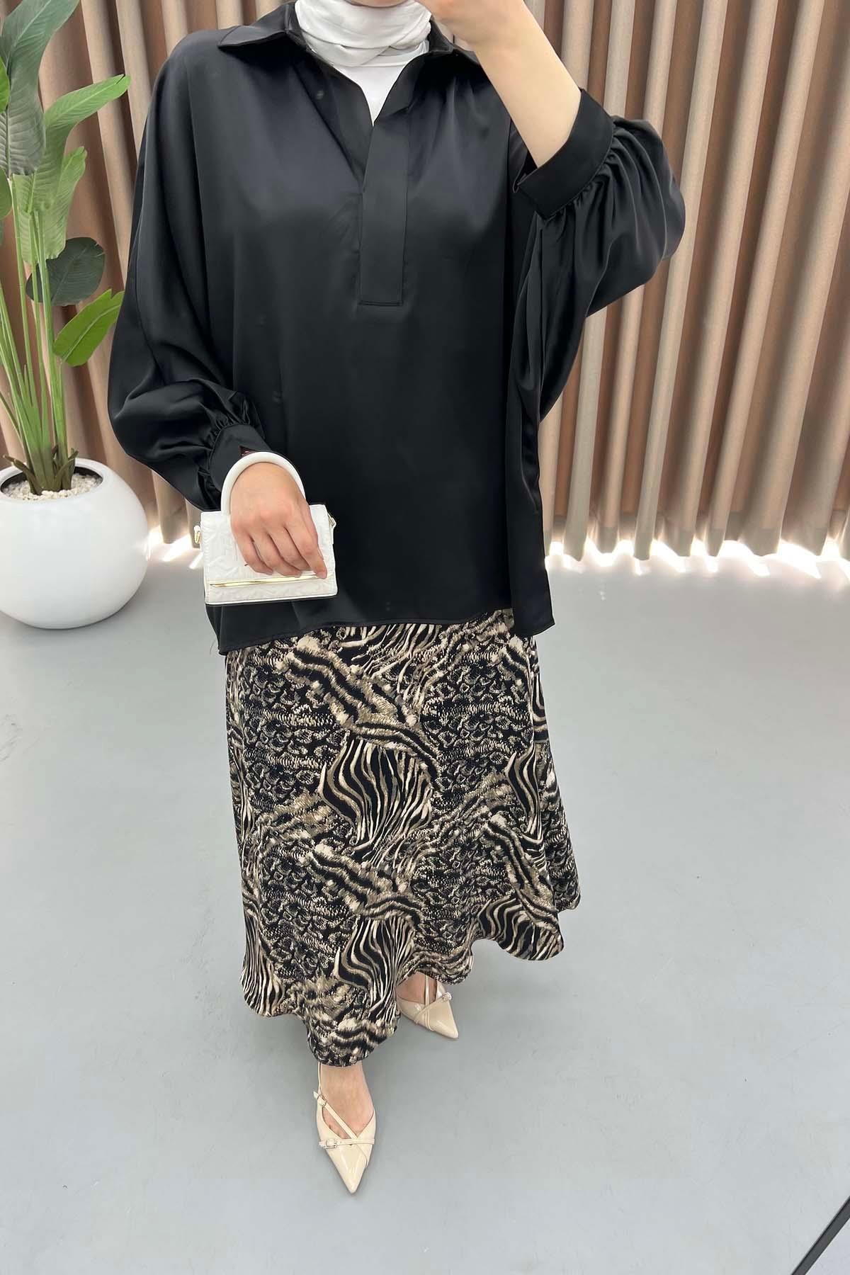 Oversize Saten Gömlek Siyah