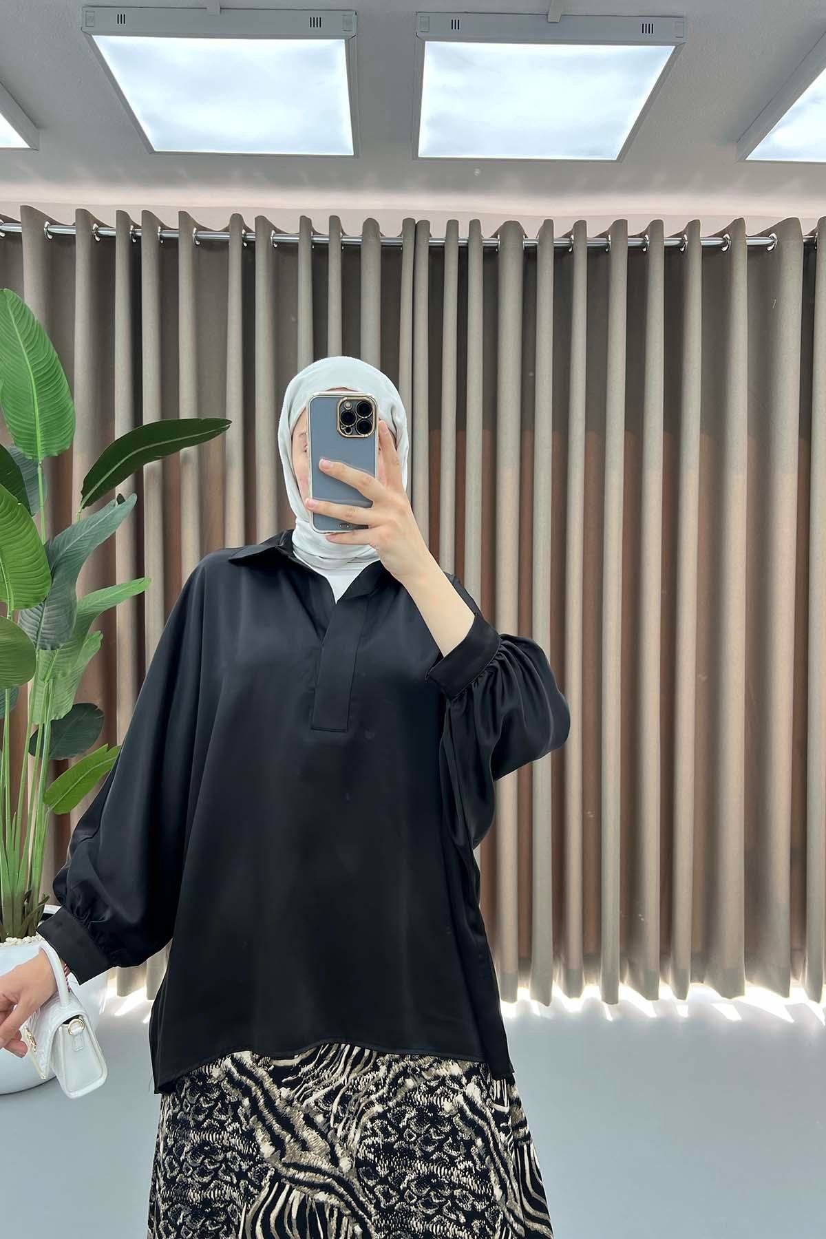 Oversize Saten Gömlek Siyah