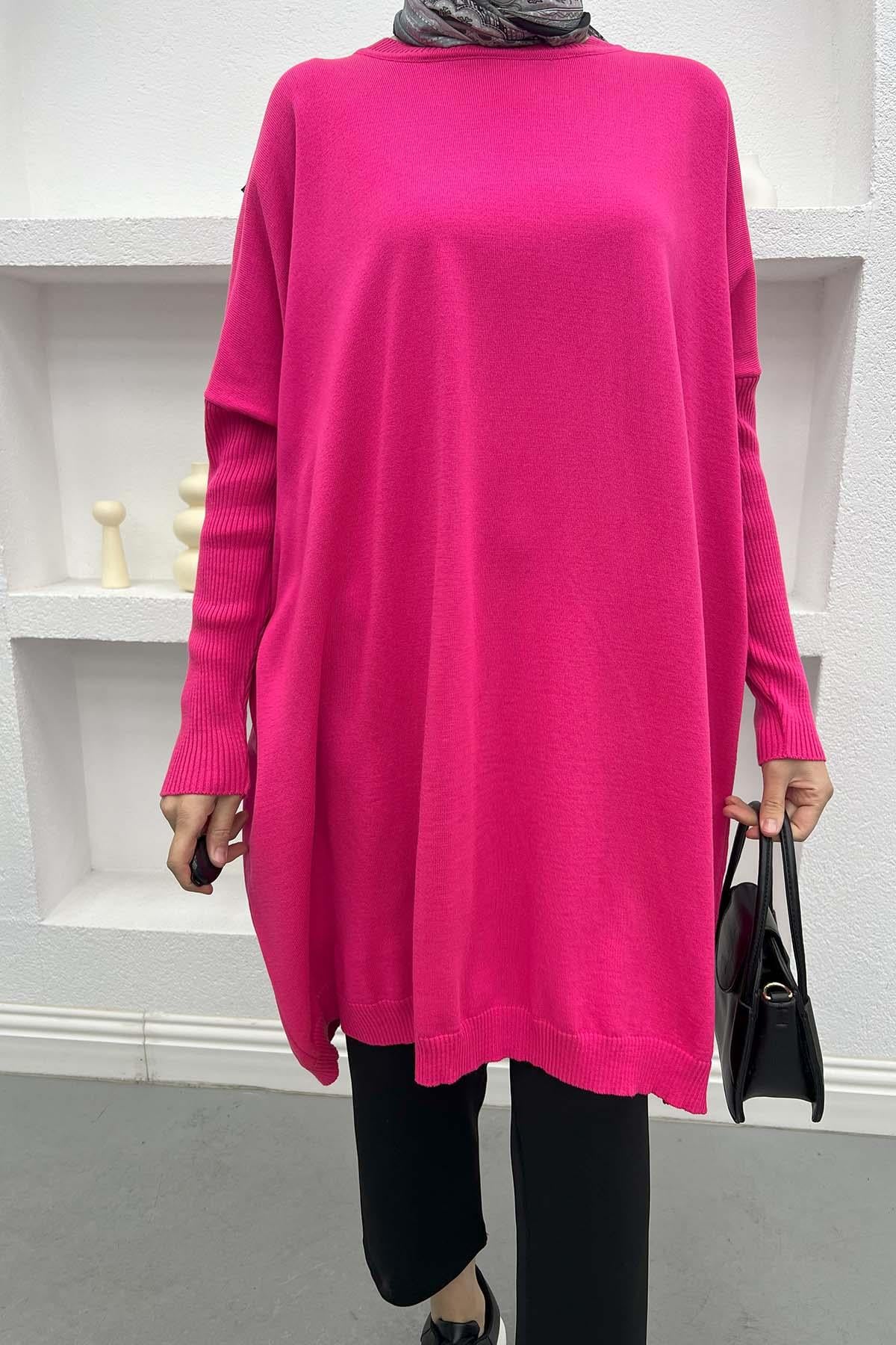 Oversize Triko Tunik Fuşya