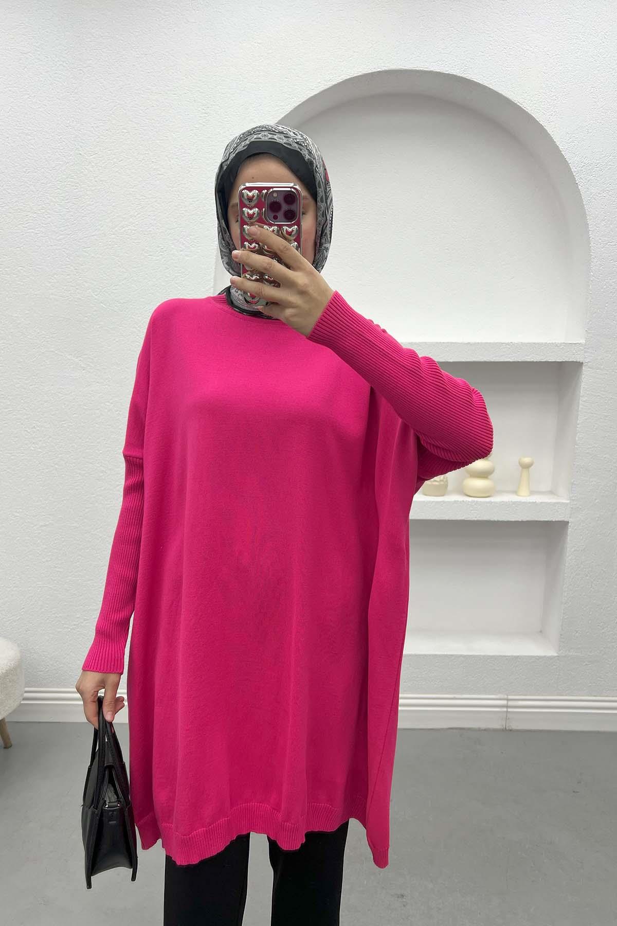 Oversize Triko Tunik Fuşya